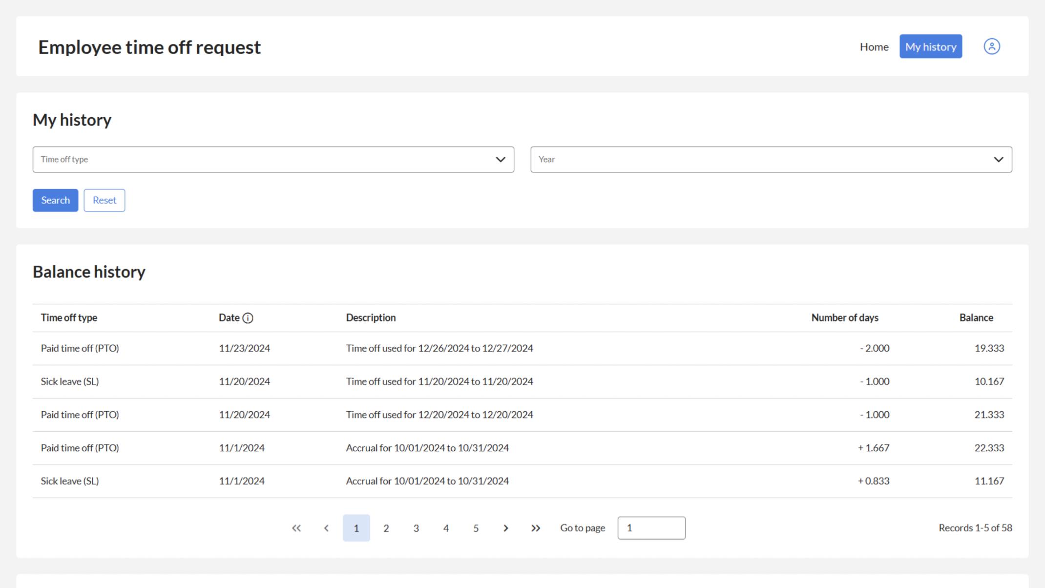View your time-off balance and request history at a glance.