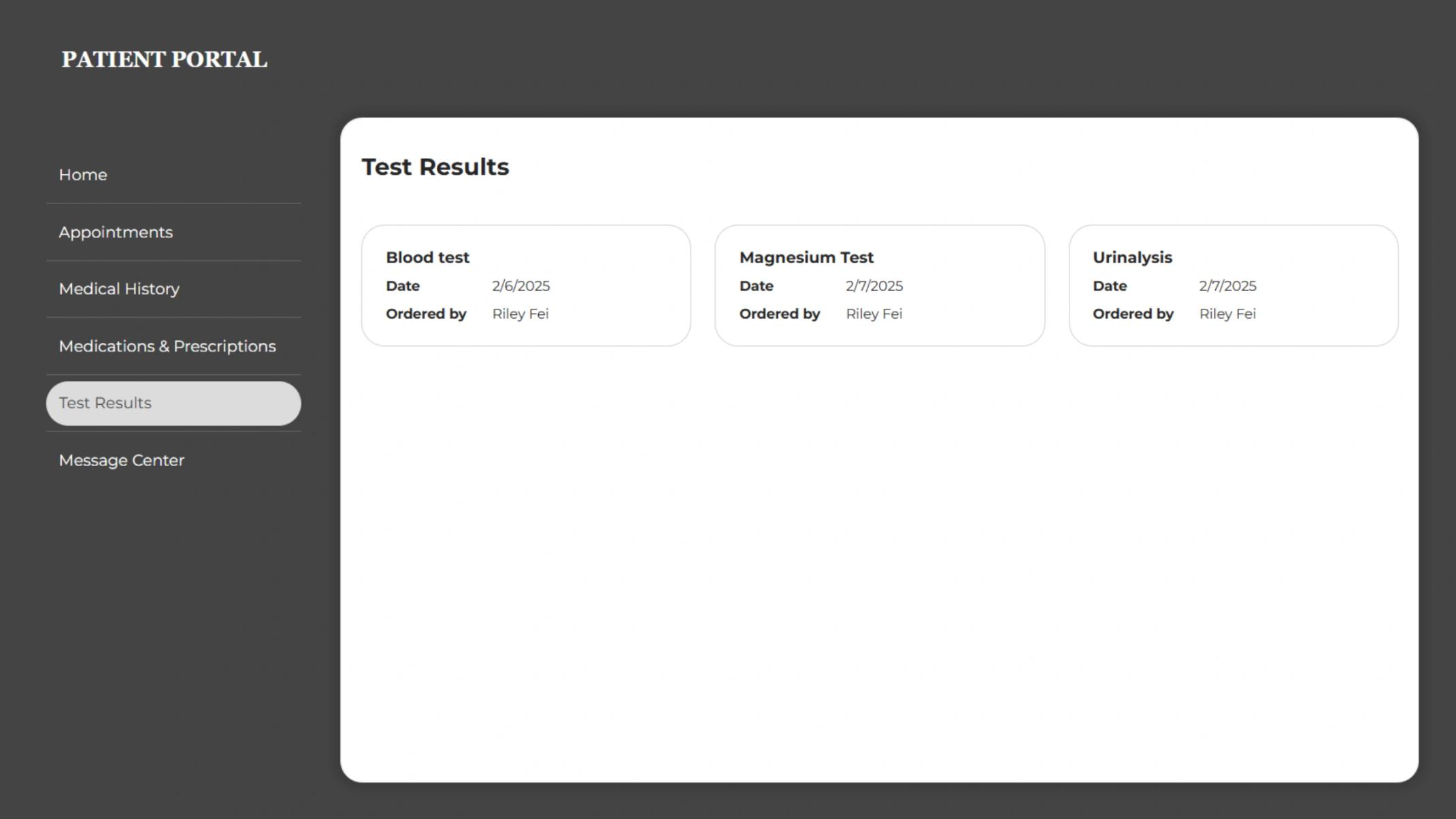 Patient Portal interface displaying latest test results.
