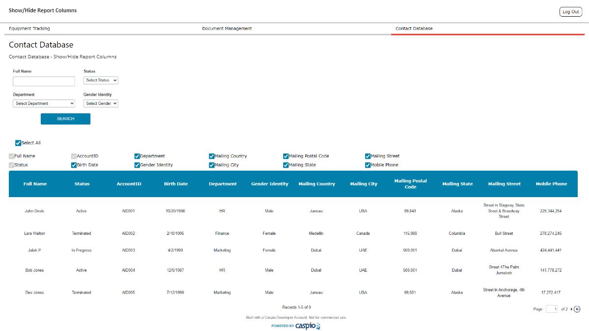 Screenshot of a sample "Contact Database" page using Yvthinkers Show/Hide Report Columns customization.