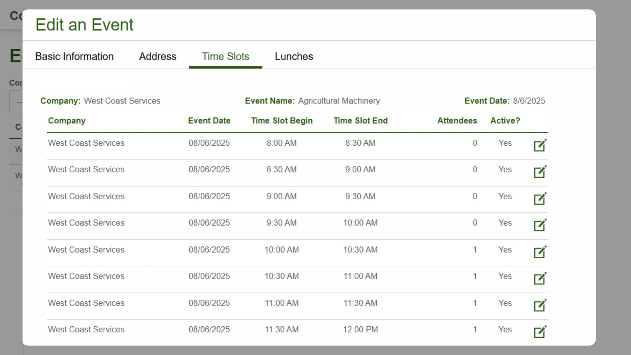 Screenshot of the Time Slots tab in the Edit Event form, listing scheduled time slots for an event with start and end times, attendee count, and edit options.