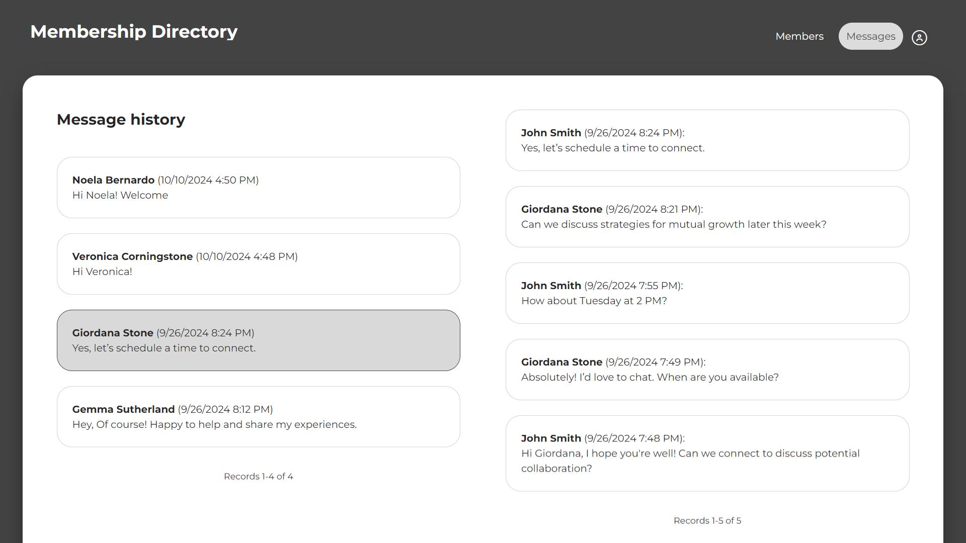 Member conversations and participant details.