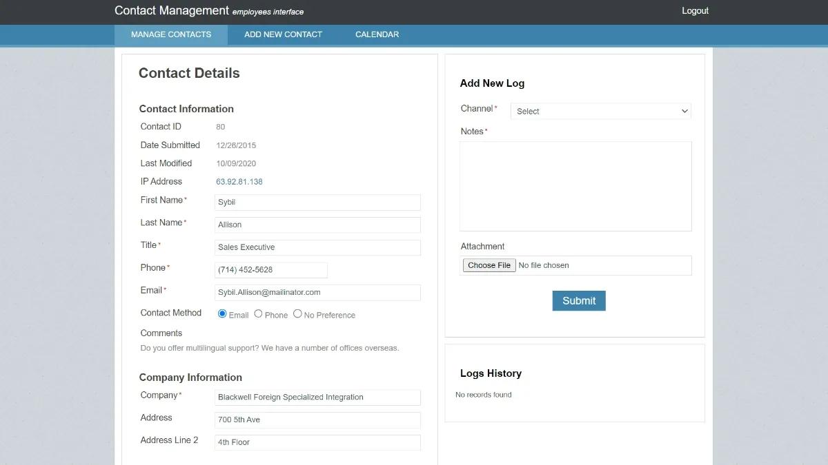 Screenshot of a sample "Manage Contacts" interface on Caspio's Contact Management app.