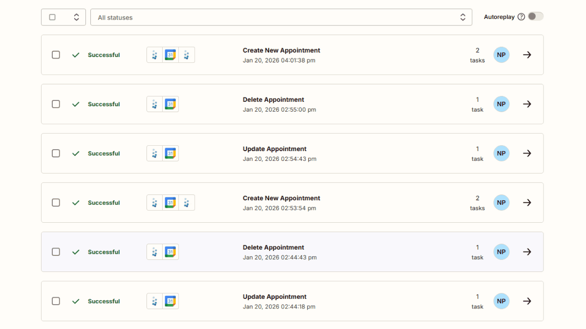 Successful Zapier task runs syncing appointments.