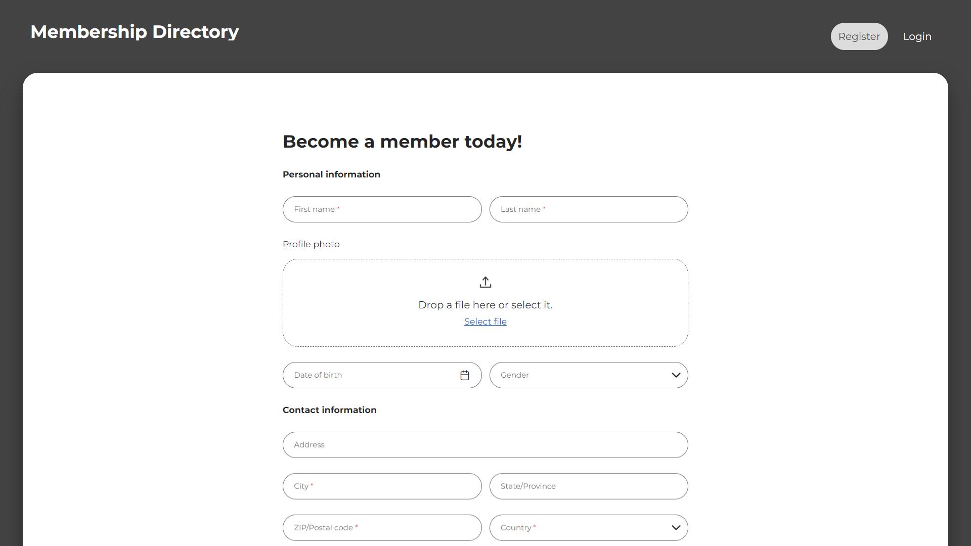 Registration form for new members.
