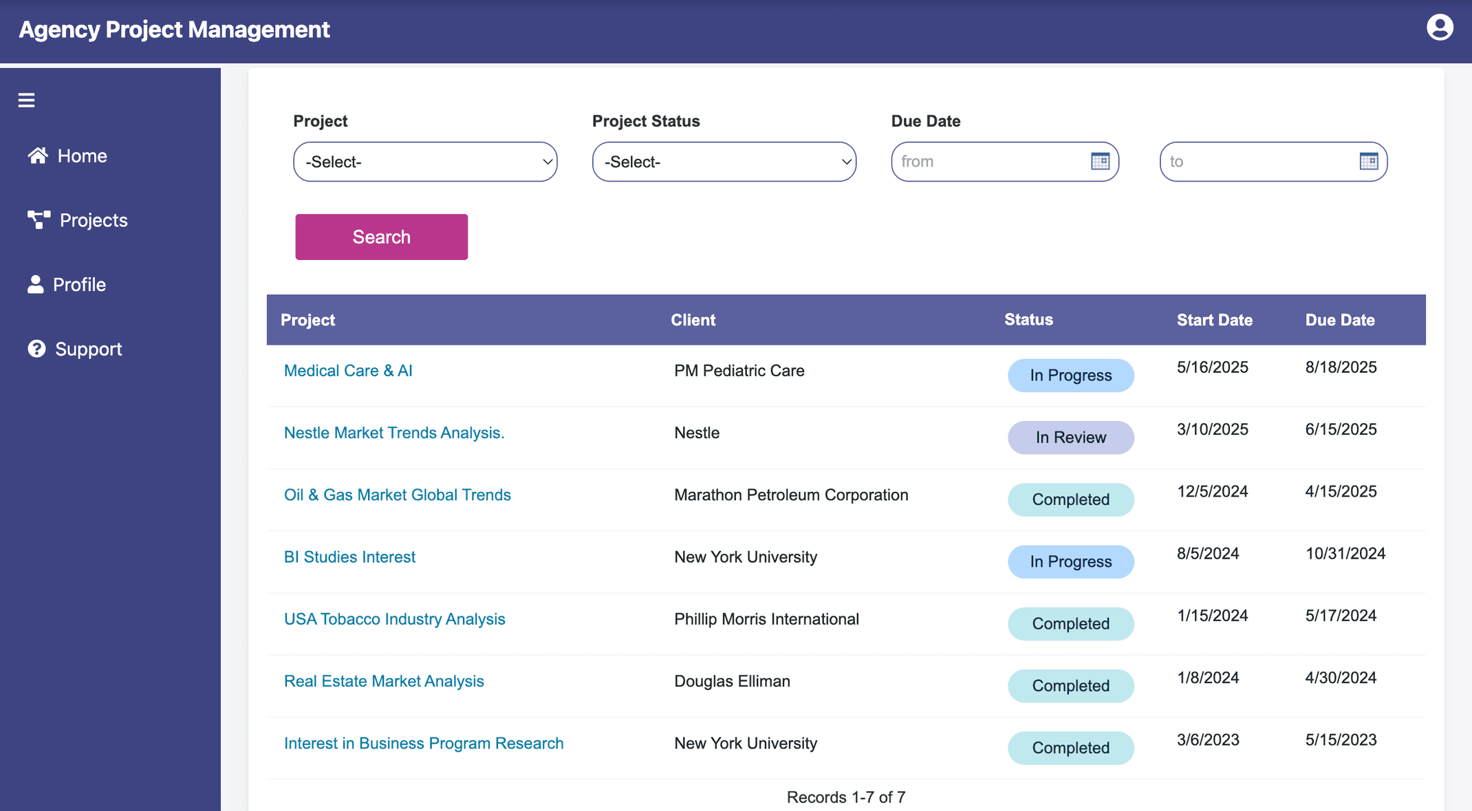 Screenshot of a sample full view resource portal - projects view on Watkyn's Agency Project Management app.