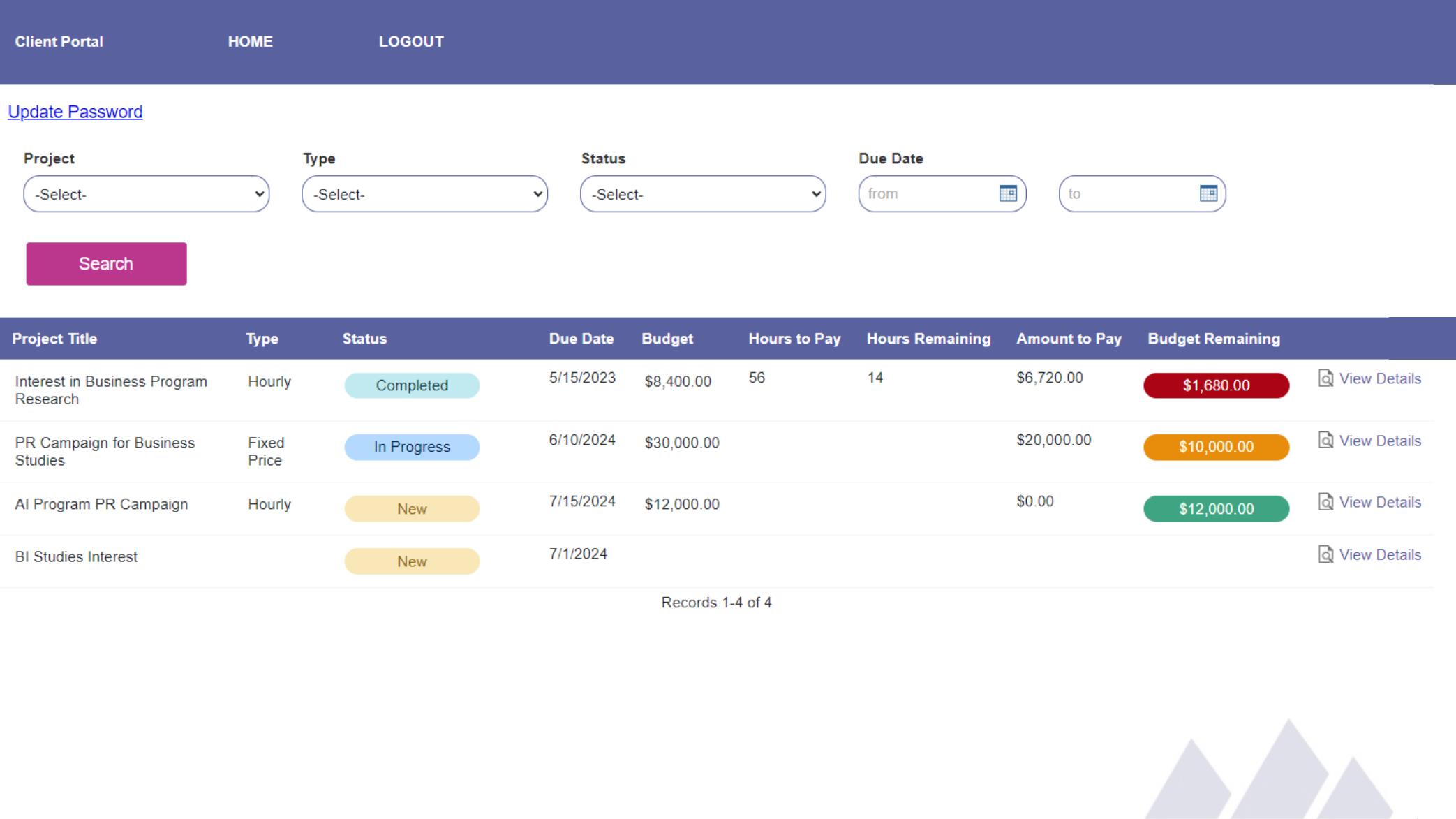 Screenshot of a sample client portal on Watkyn's Starter Project Management app.