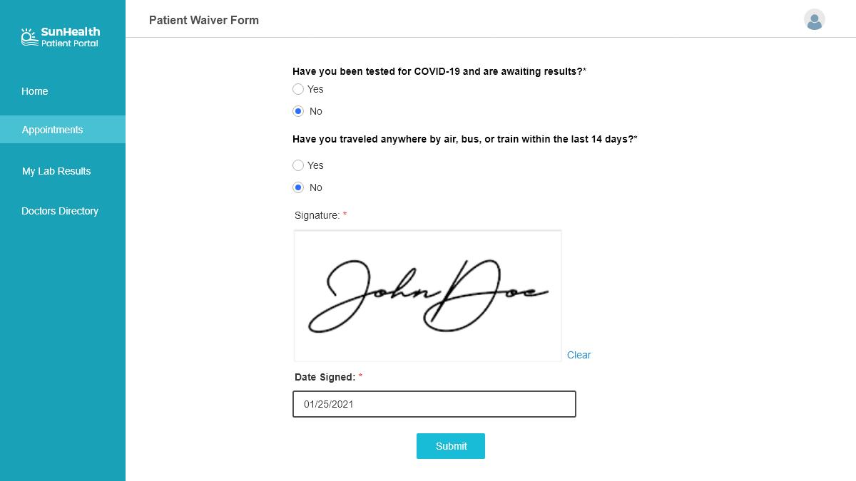Screenshot of a sample form using Caspio's Signature Form Field customization.