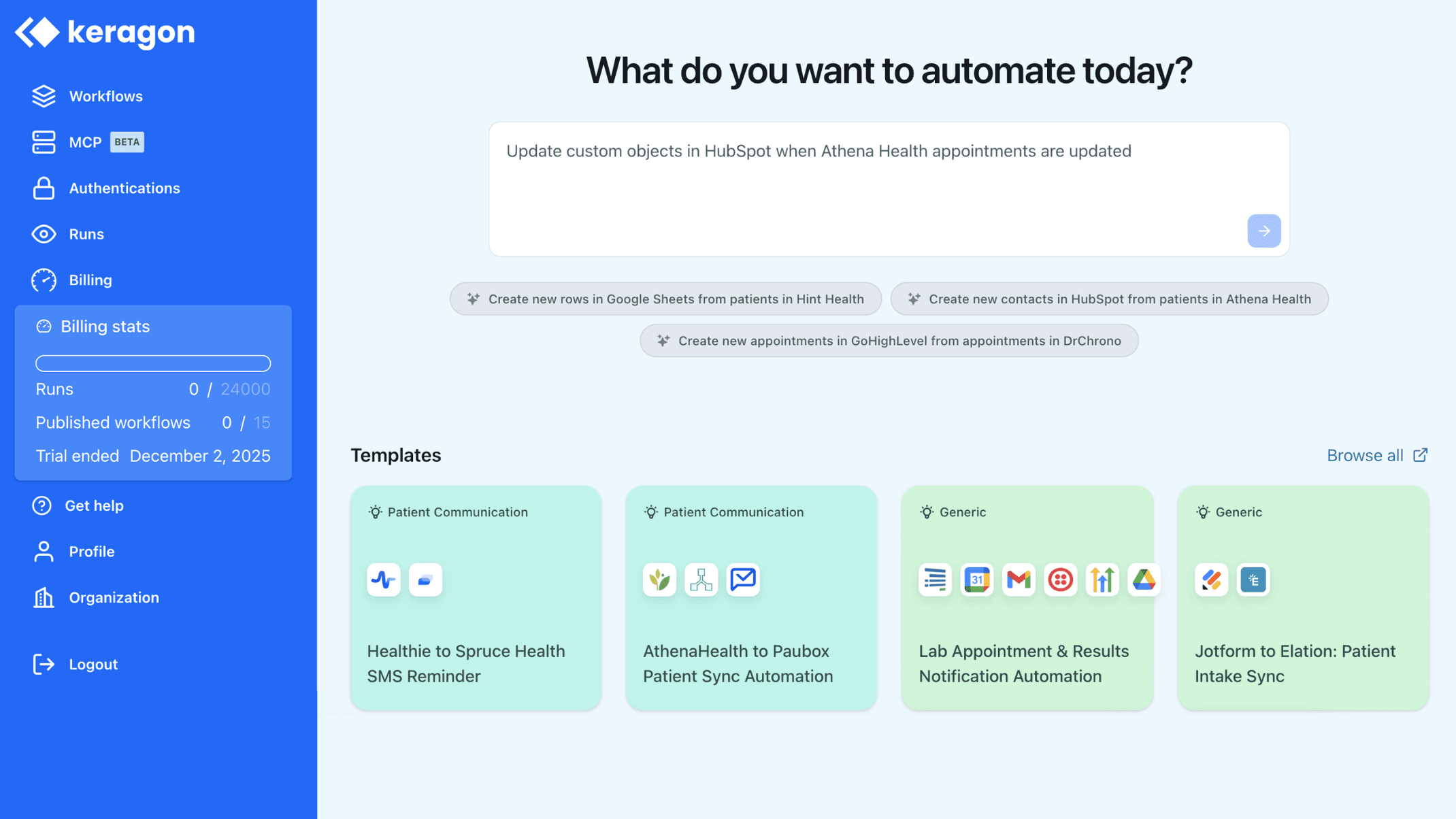 Keragon automation dashboard with workflow templates.