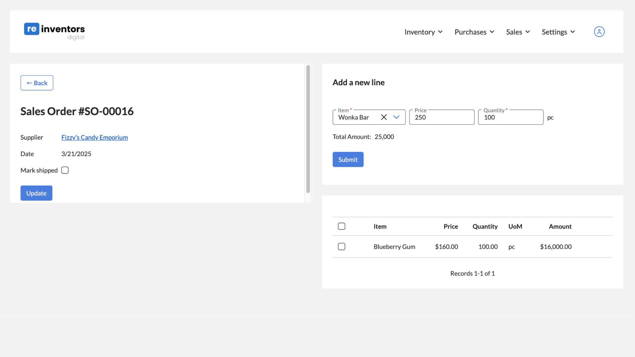 Screenshot of a sales order details in the Reinventors' Inventory Control app.