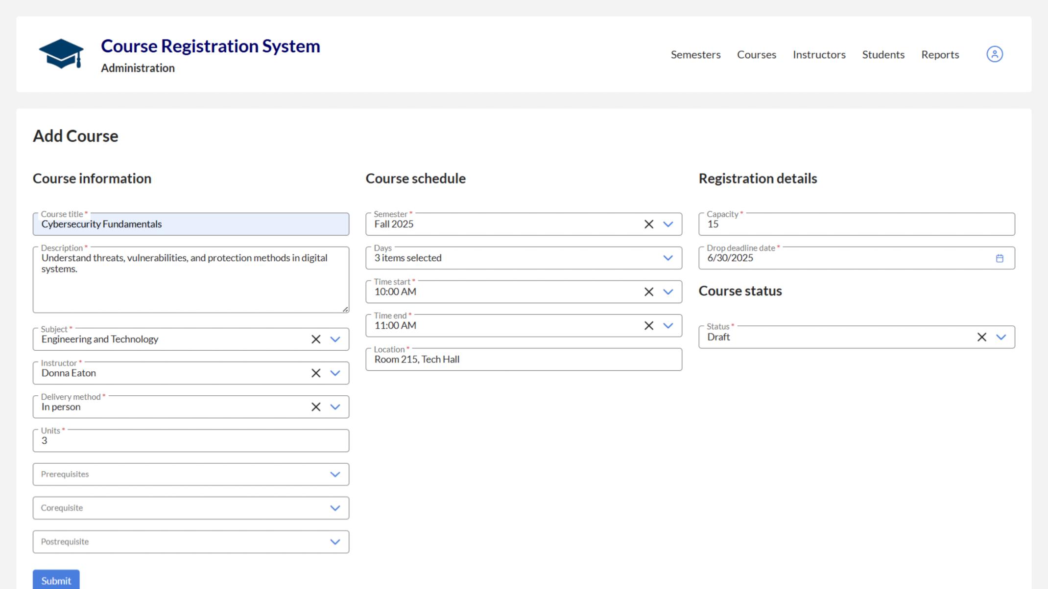 Administrator view of adding a new course with detailed information and scheduling.