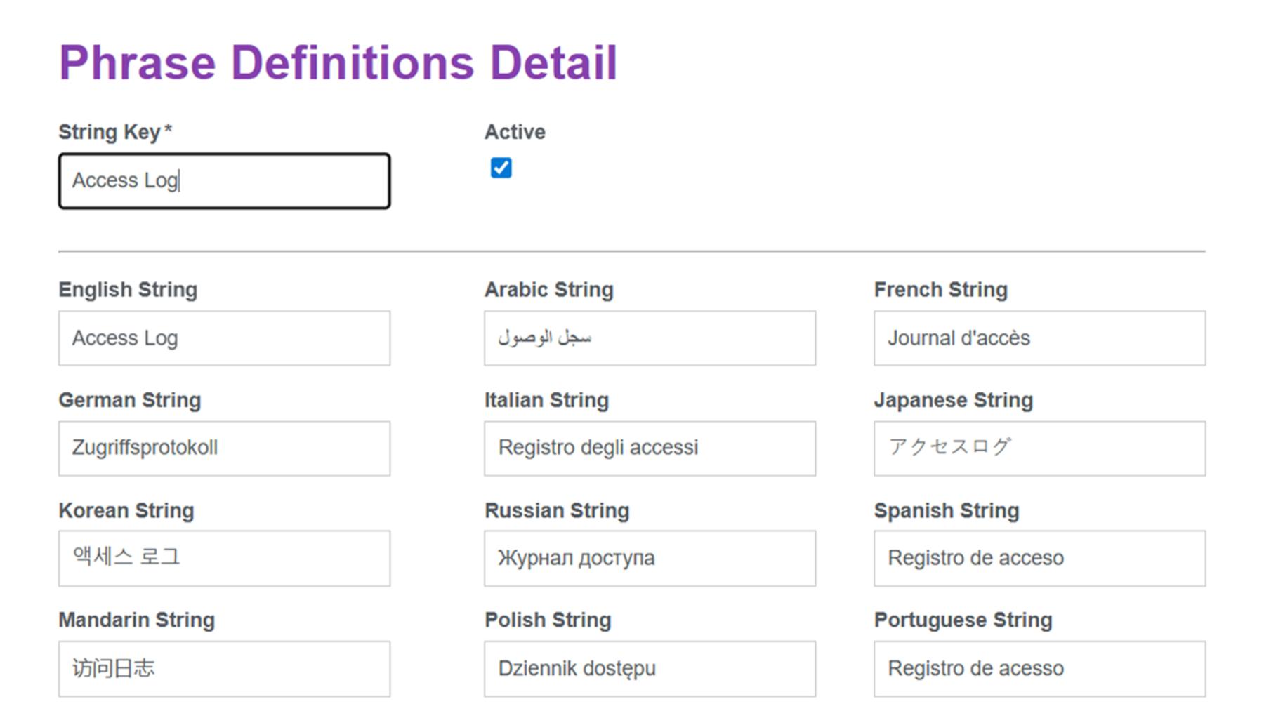 Phrase Definitions Detail form in the App Localization, mapping one string key across English, Arabic, French, and 9 more languages.