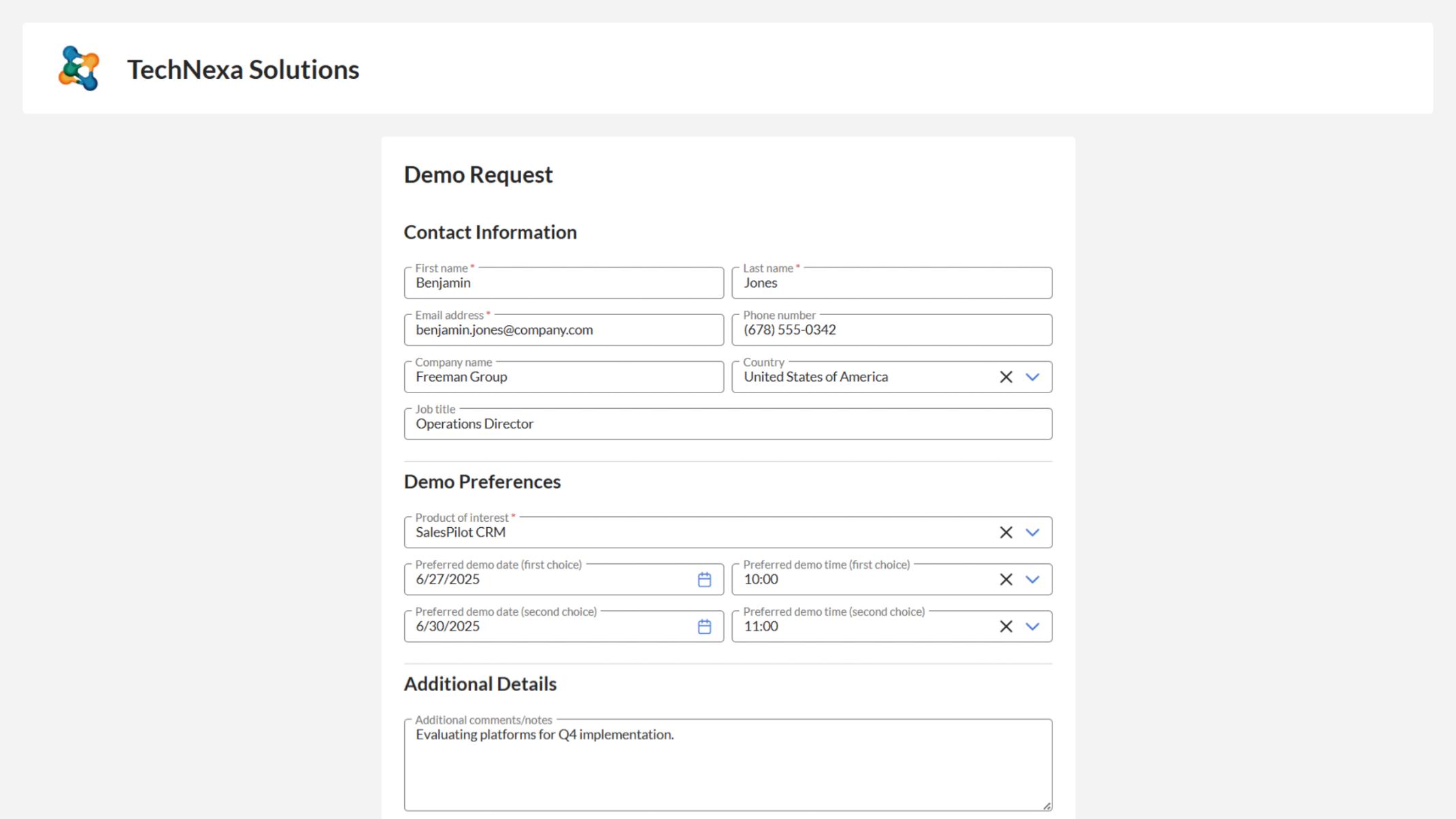 Highlights fields like company name, contact info, areas of interest, and comments.