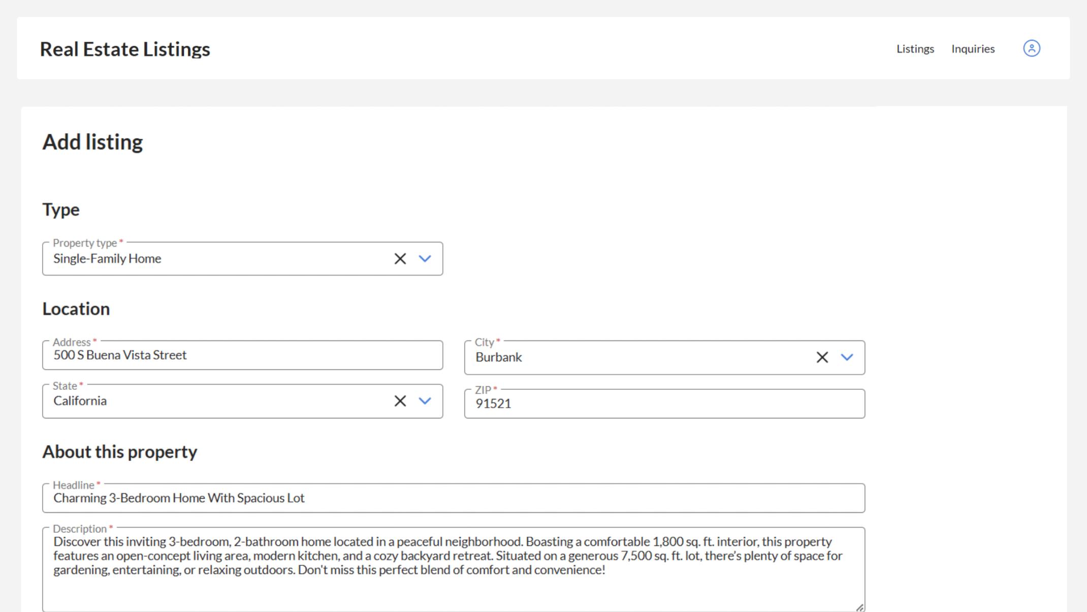 Brokers and agents can add a new real estate listing quickly.