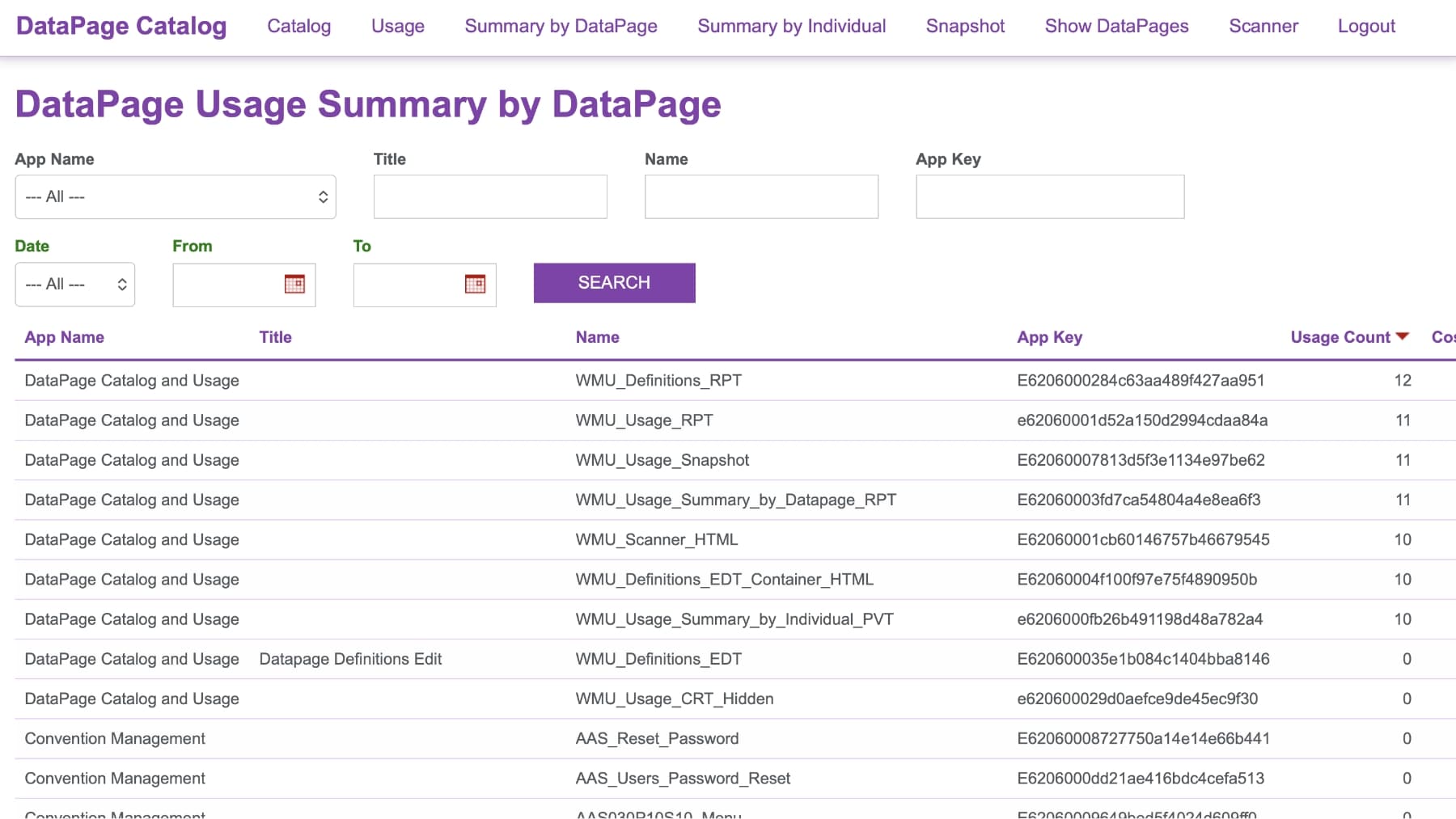 DataPage Usage Summary by DataPage view, ranking each DataPage by usage count with filters for app name, title, name, App Key, and date range.