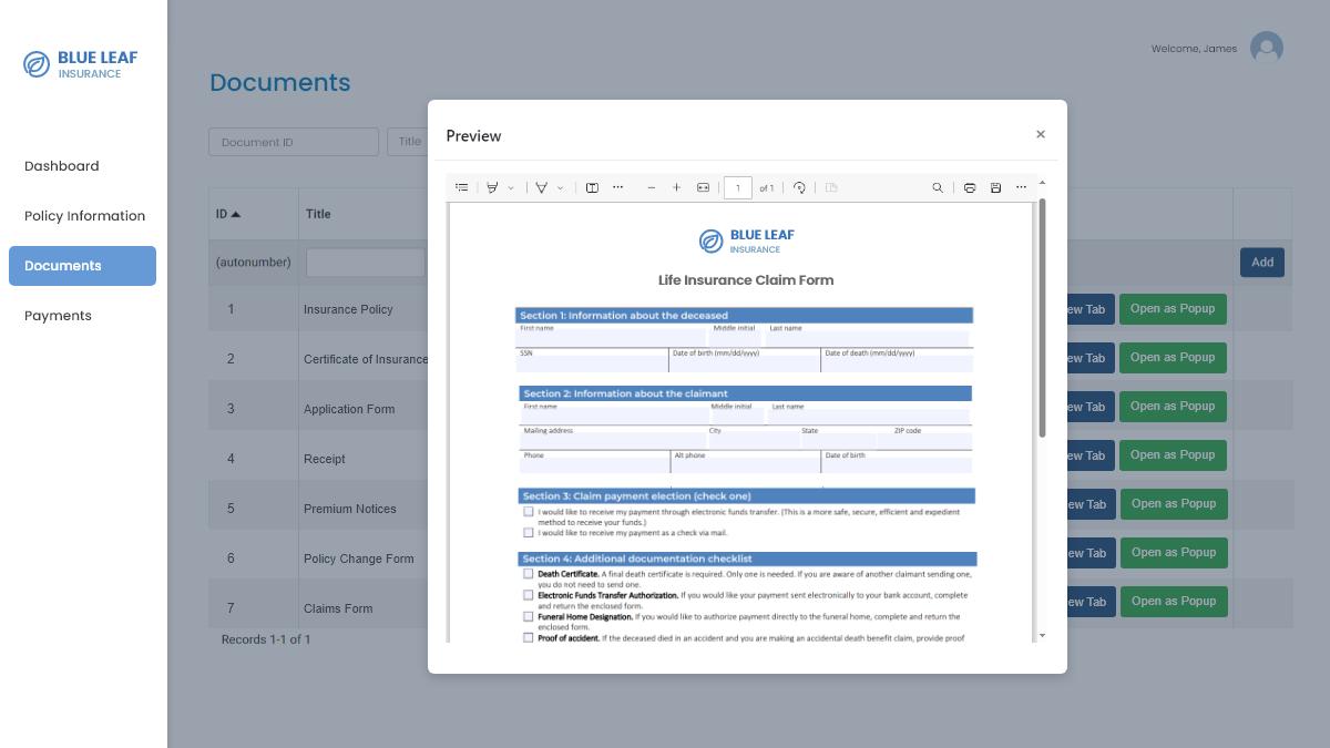Screenshot of a sample documents preview using Caspio's In-App PDF Viewer customization.