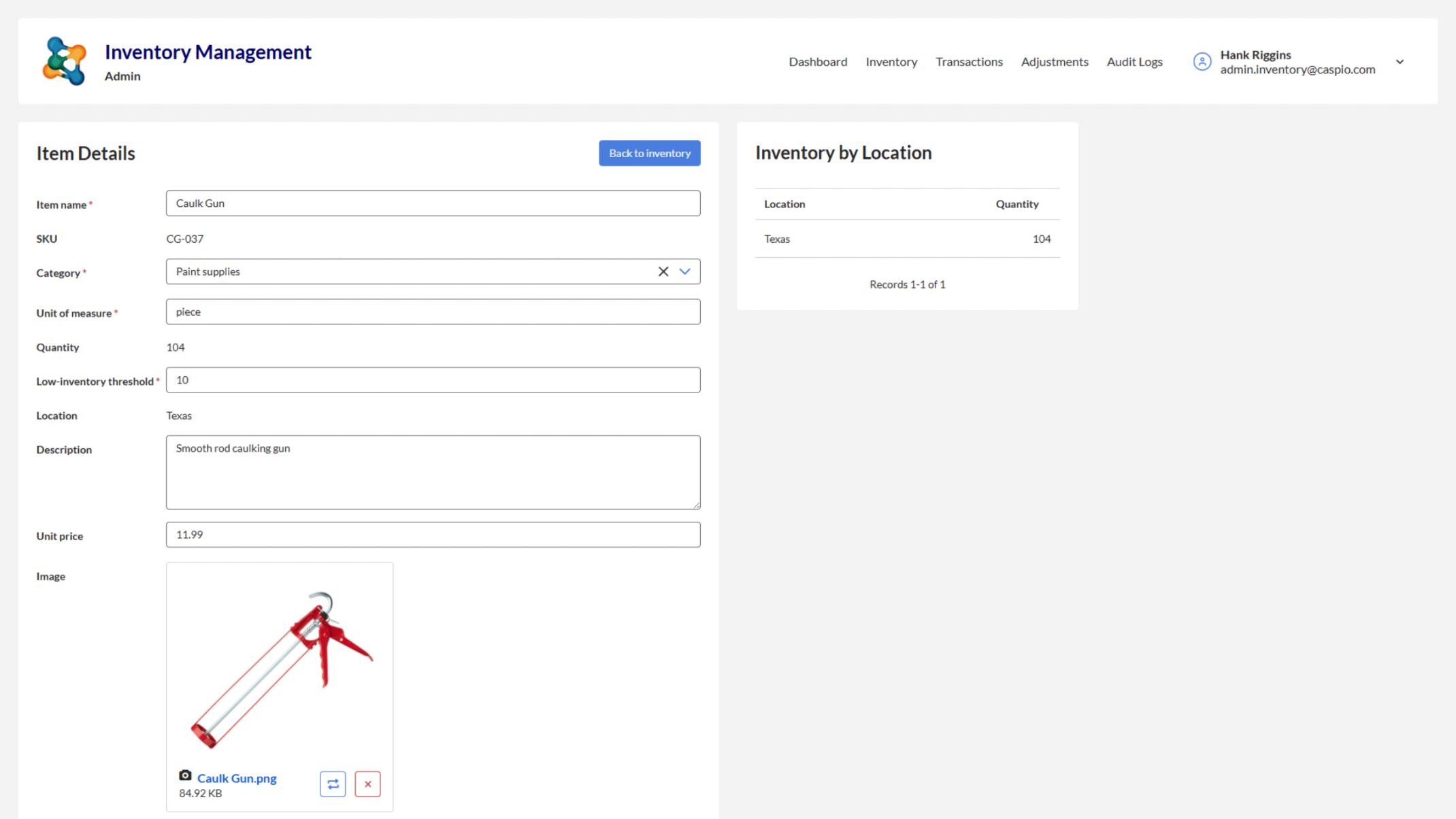 Admin can view and edit item details, including product information, pricing, images, and supplier data, with inventory quantities shown by location in a separate panel.