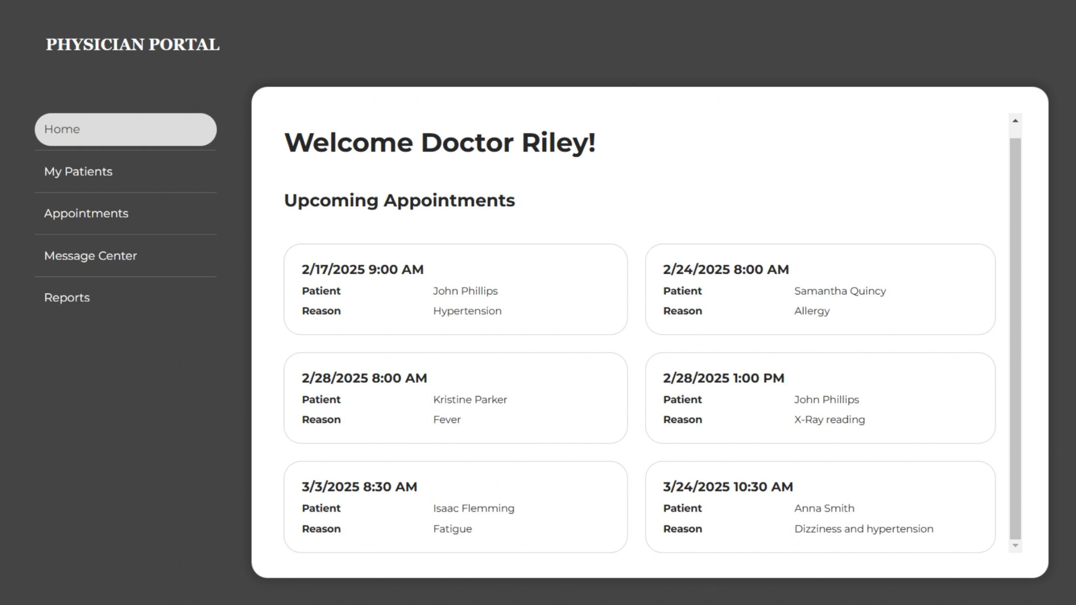 Patient Portal interface displaying upcoming appointments.