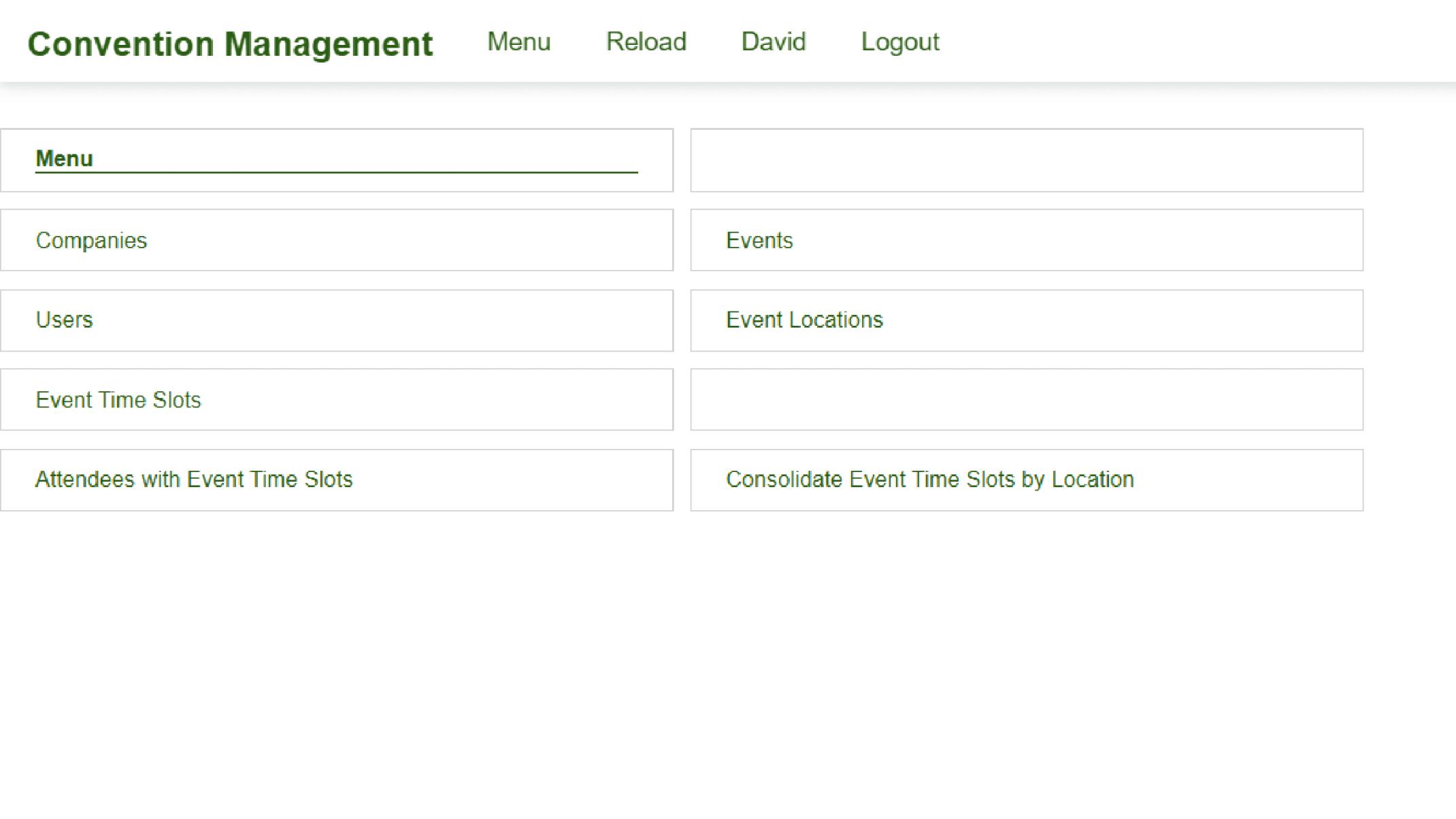 Screenshot of a Convention Management interface showing a navigation menu for managing event-related data.