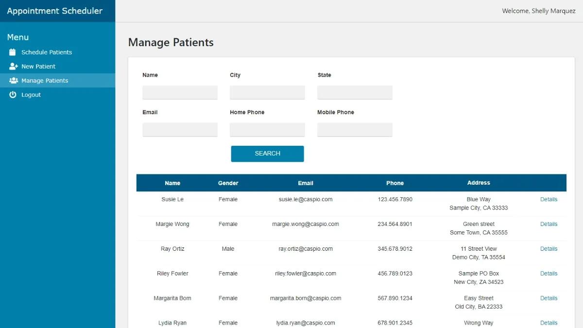 Screenshot of a sample "Manage Patients" database on Caspio's Appointment Scheduling app.