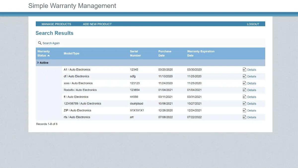 Screenshot of a sample search result on Caspio's Simple Warranty Management app.