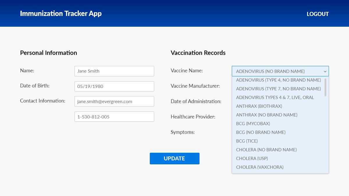 Screenshot of the immunization tracker form with a drop-down list of US-licensed vaccines.
