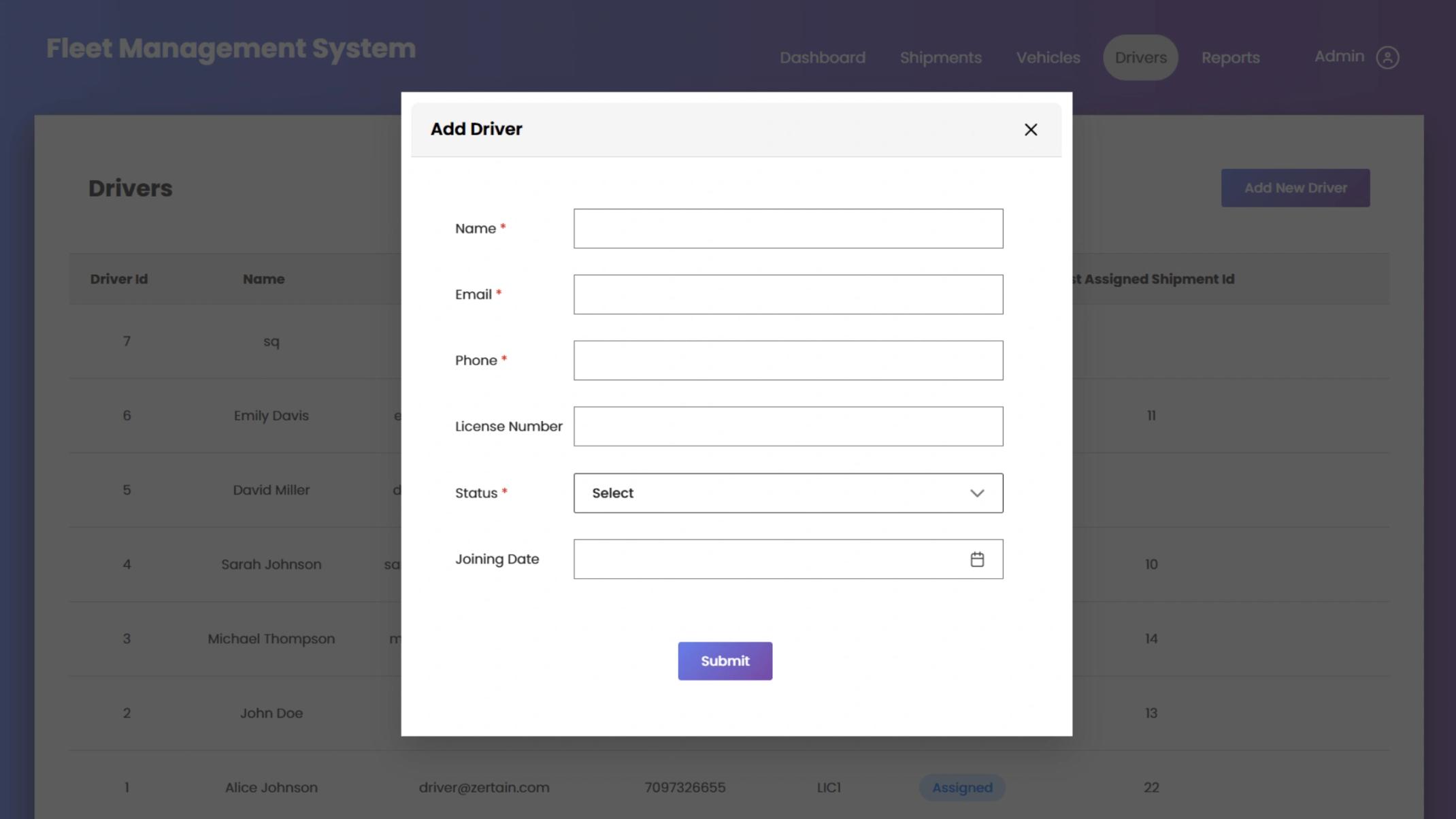 Driver management interface with a pop-up form to add a new driver.