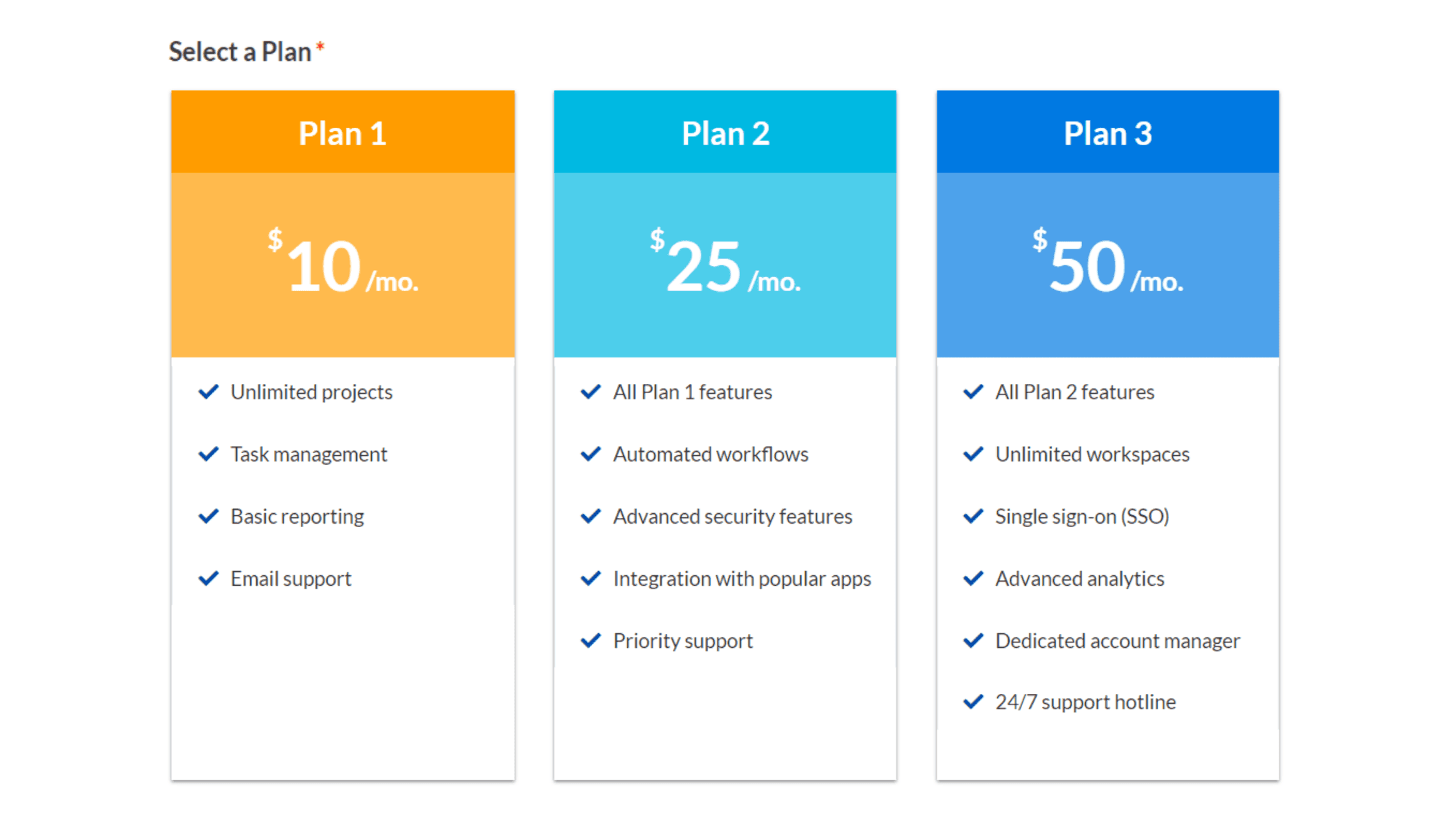 Screenshot of a sample payment plan options using Caspio's Recurring Payment customization.