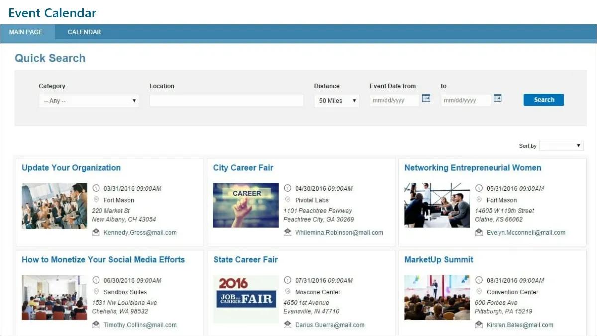 Screenshot of a sample main page on Caspio's Event Calendar app.