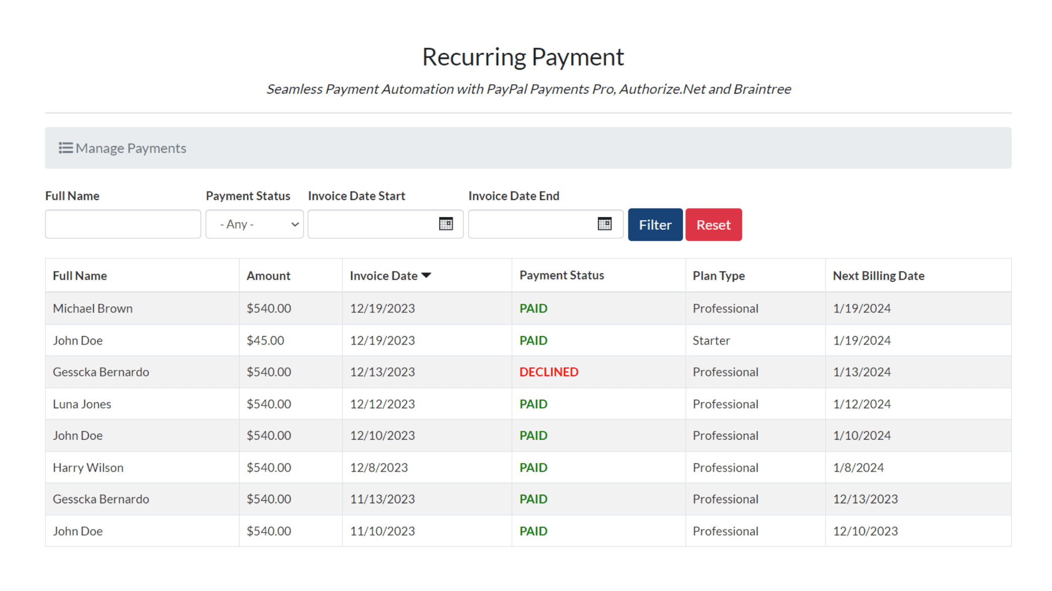 Screenshot of a sample payment management interface using Caspio's Recurring Payment customization.