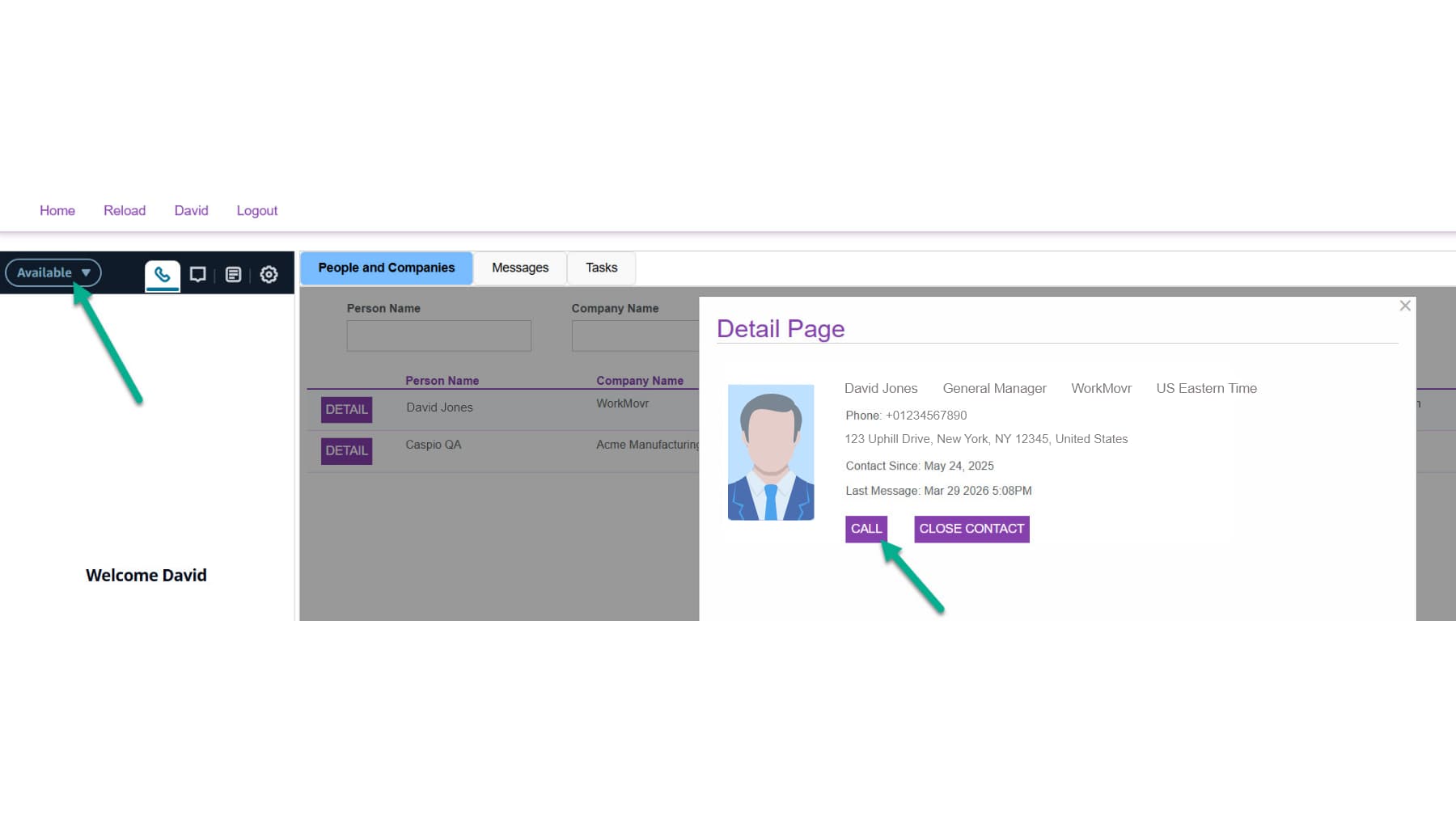 View of the customer Detail Page, showing contact details, last message date and a one-click Call button.