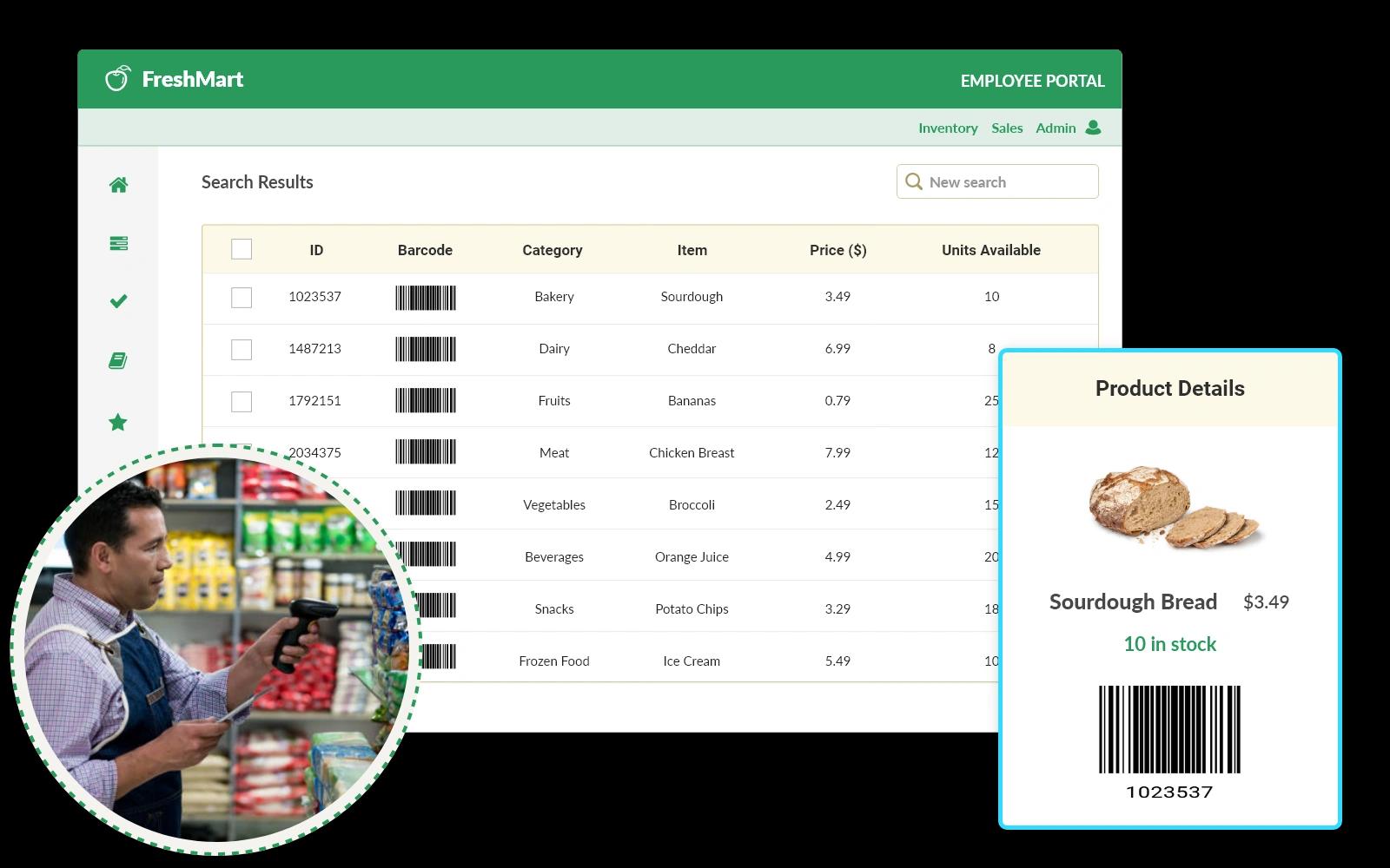Retrieve product details, stock levels and pricing using unique SKU barcodes. 