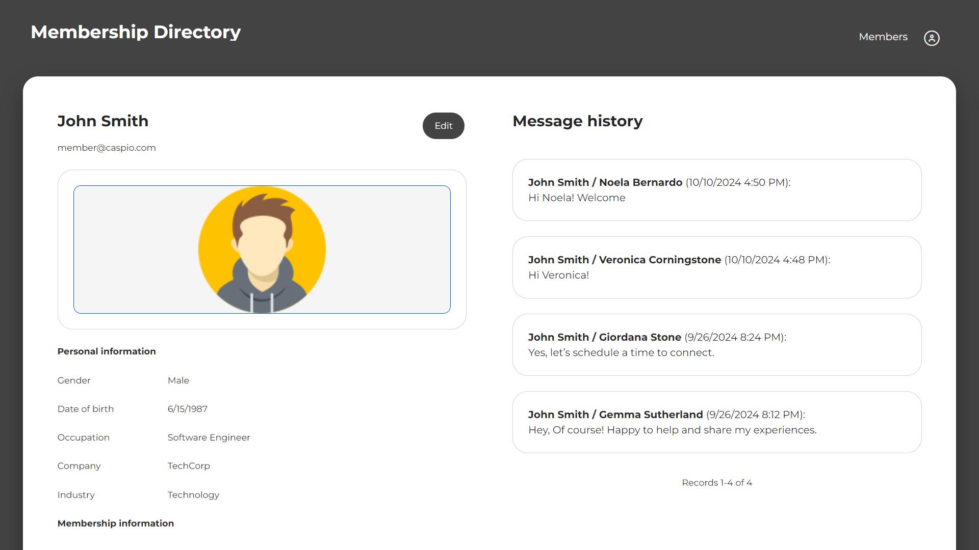 Member profile and messaging history.