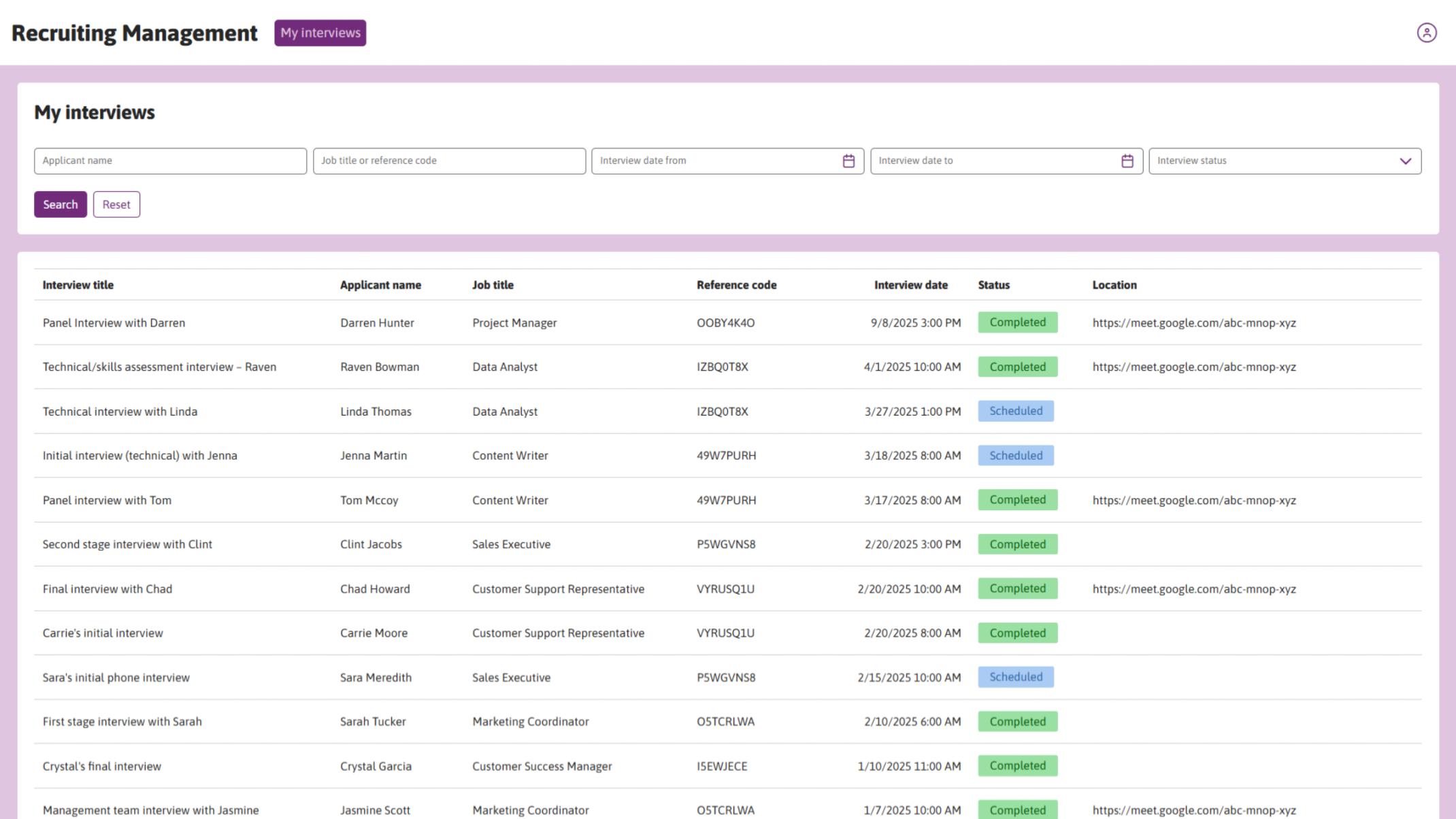Employees can view a list of scheduled interviews, including applicant names, job titles, dates and statuses.