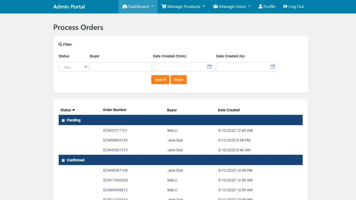 Screenshot of a sample admin view on Caspio's Online Store app.