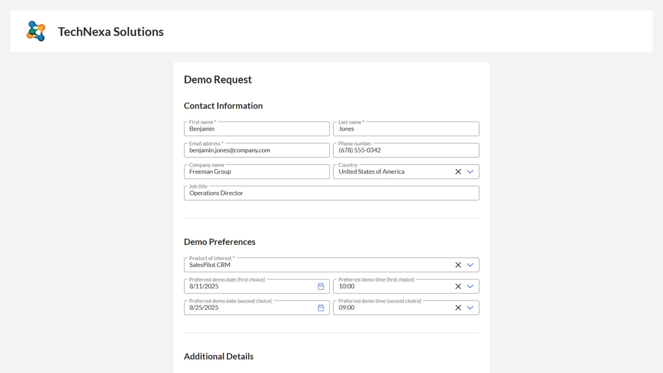 Highlights fields like company name, contact info, areas of interest, and comments.