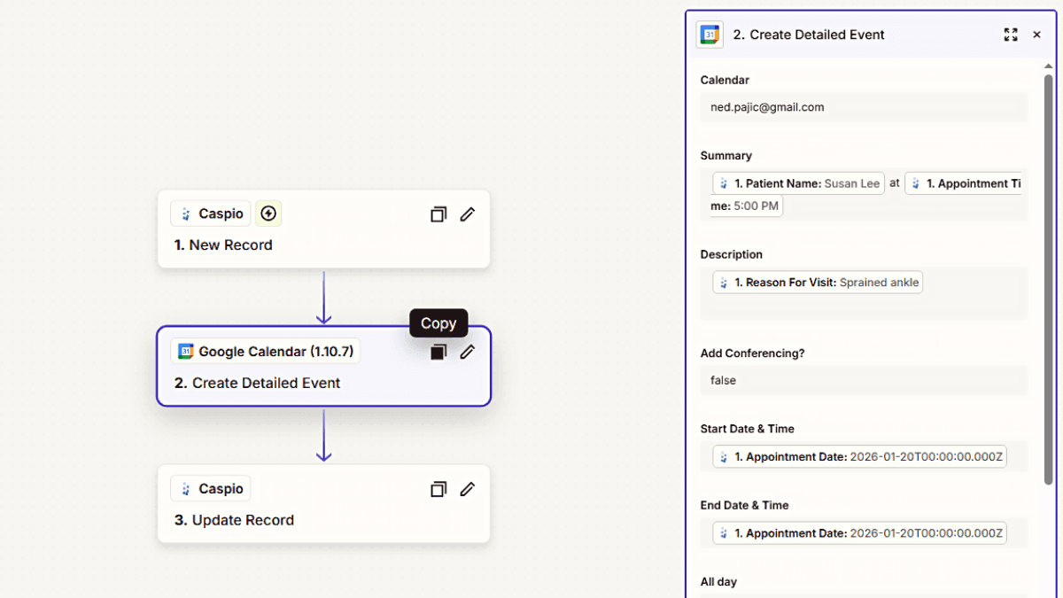 Caspio Zapier workflow creating Google Calendar event.