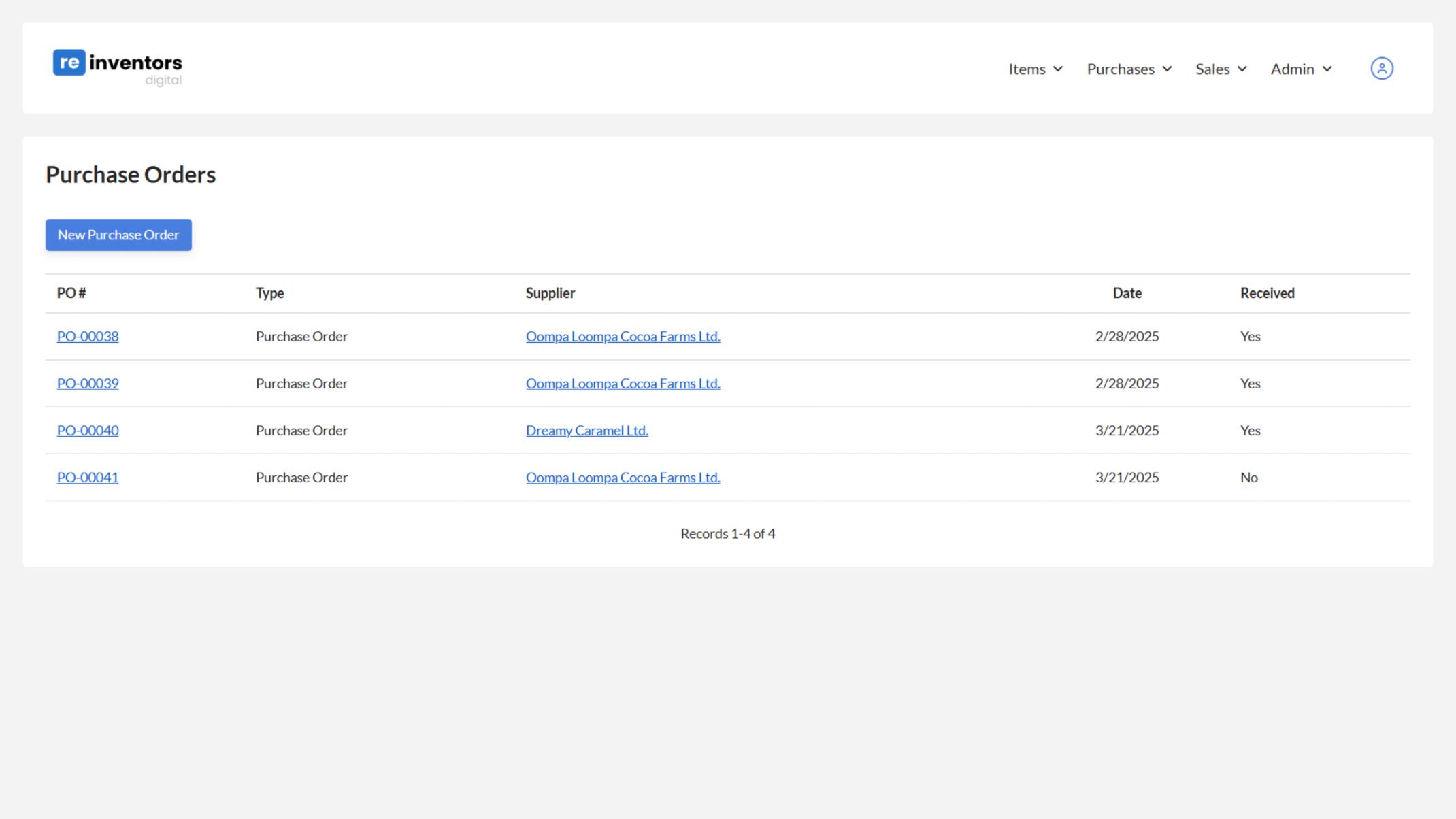 Screenshot of the purchase orders page in Reinventors' Inventory Control app.