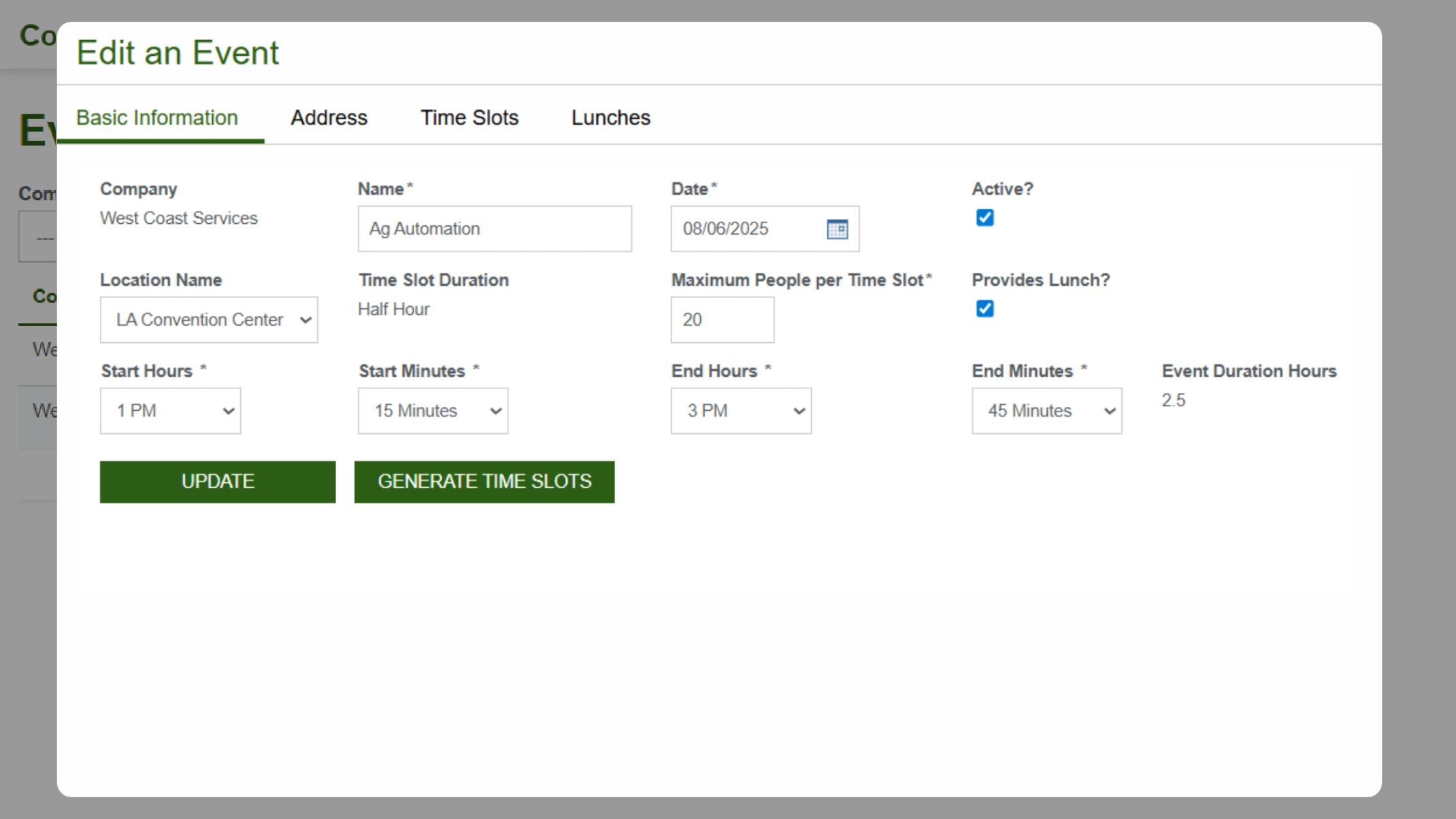 Screenshot of the Edit Event form in a Convention Management system, displaying fields for basic event setup, scheduling, and lunch provisioning.