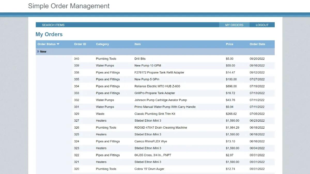 Screenshot of a sample "My Orders" interface on Caspio's Simple Order Management app.