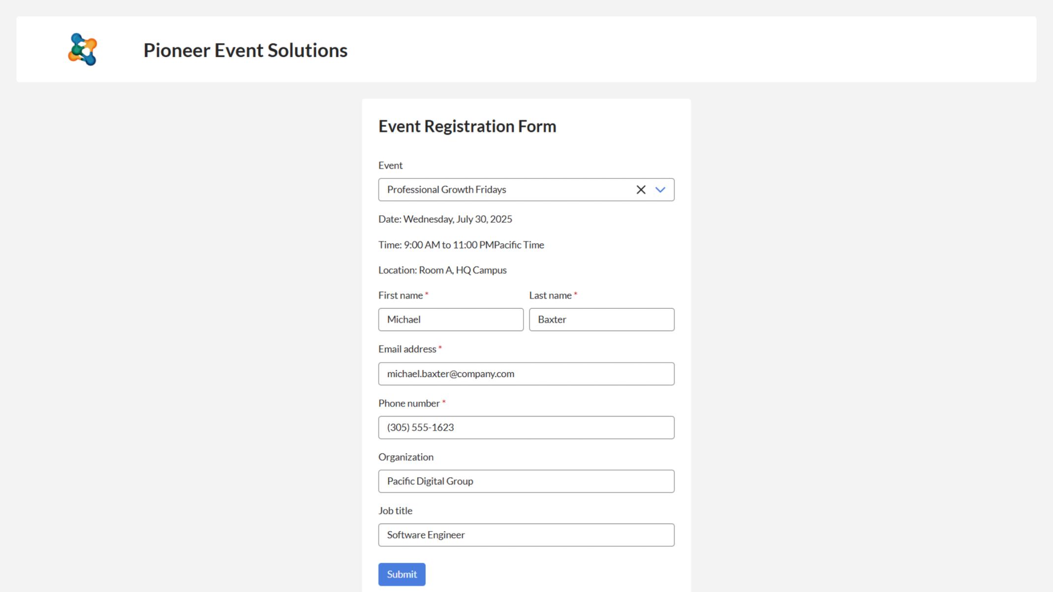 Allows users to select an event and dynamically view its details.