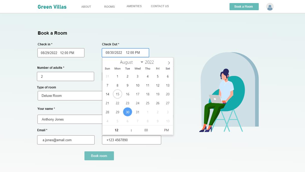 Screenshot of a sample booking website using Caspio's Date and Time Picker customization.