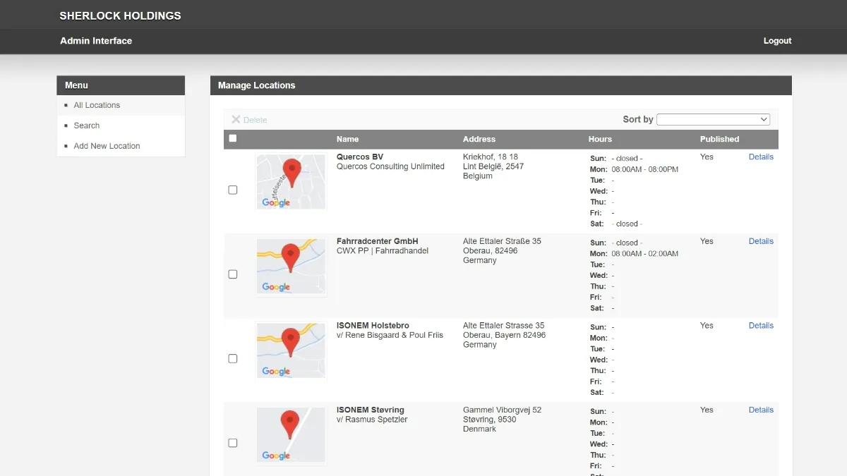 Screenshot of a sample admin interface on Caspio's Store Locator app.