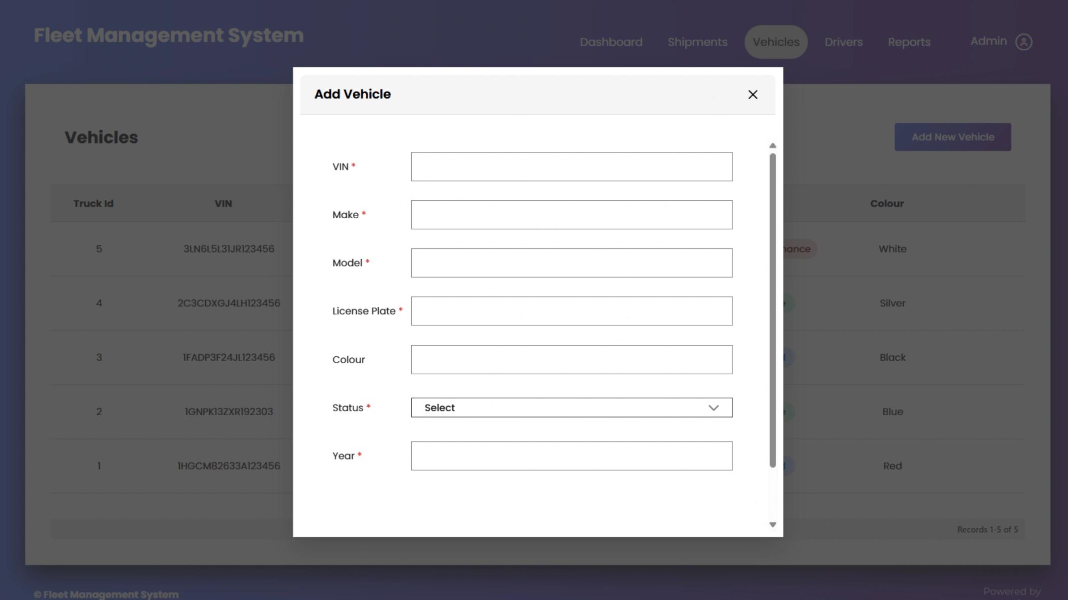 Vehicle management interface with a pop-up form to add a new vehicle.