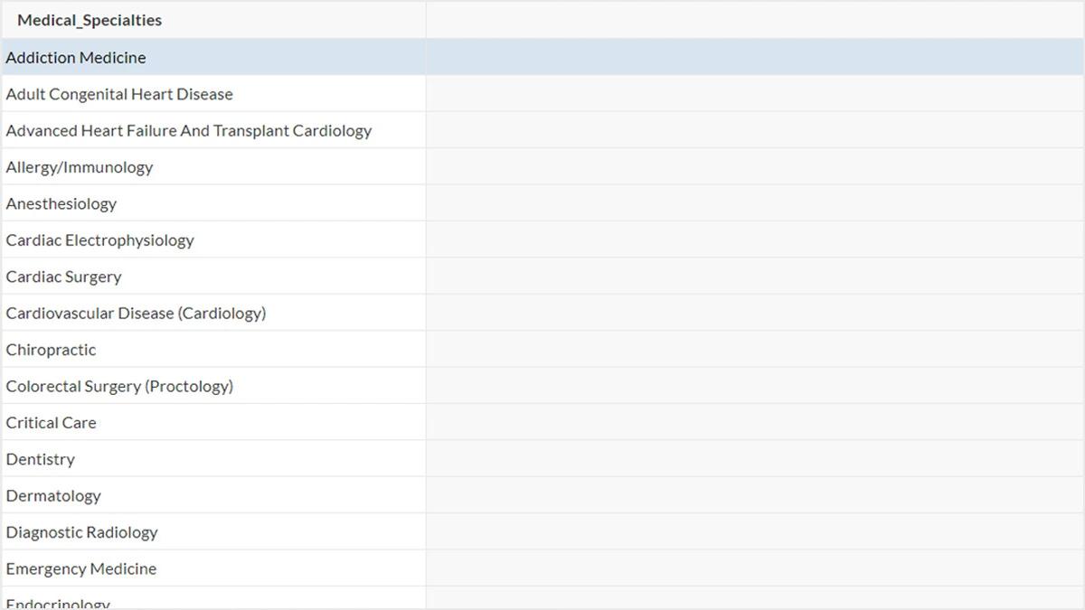 Screenshot of medical specialties listed in Caspio's data set.