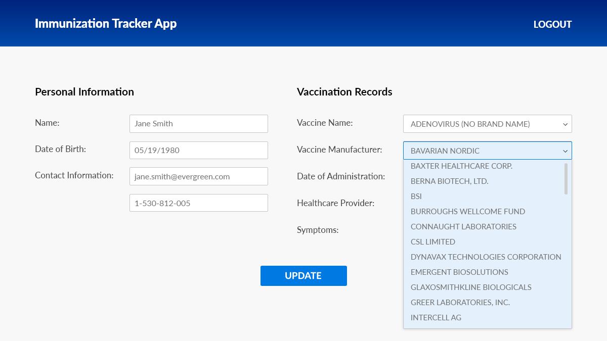 Screenshot of the immunization tracker form with a drop-down list of US operating vaccine manufacturers.