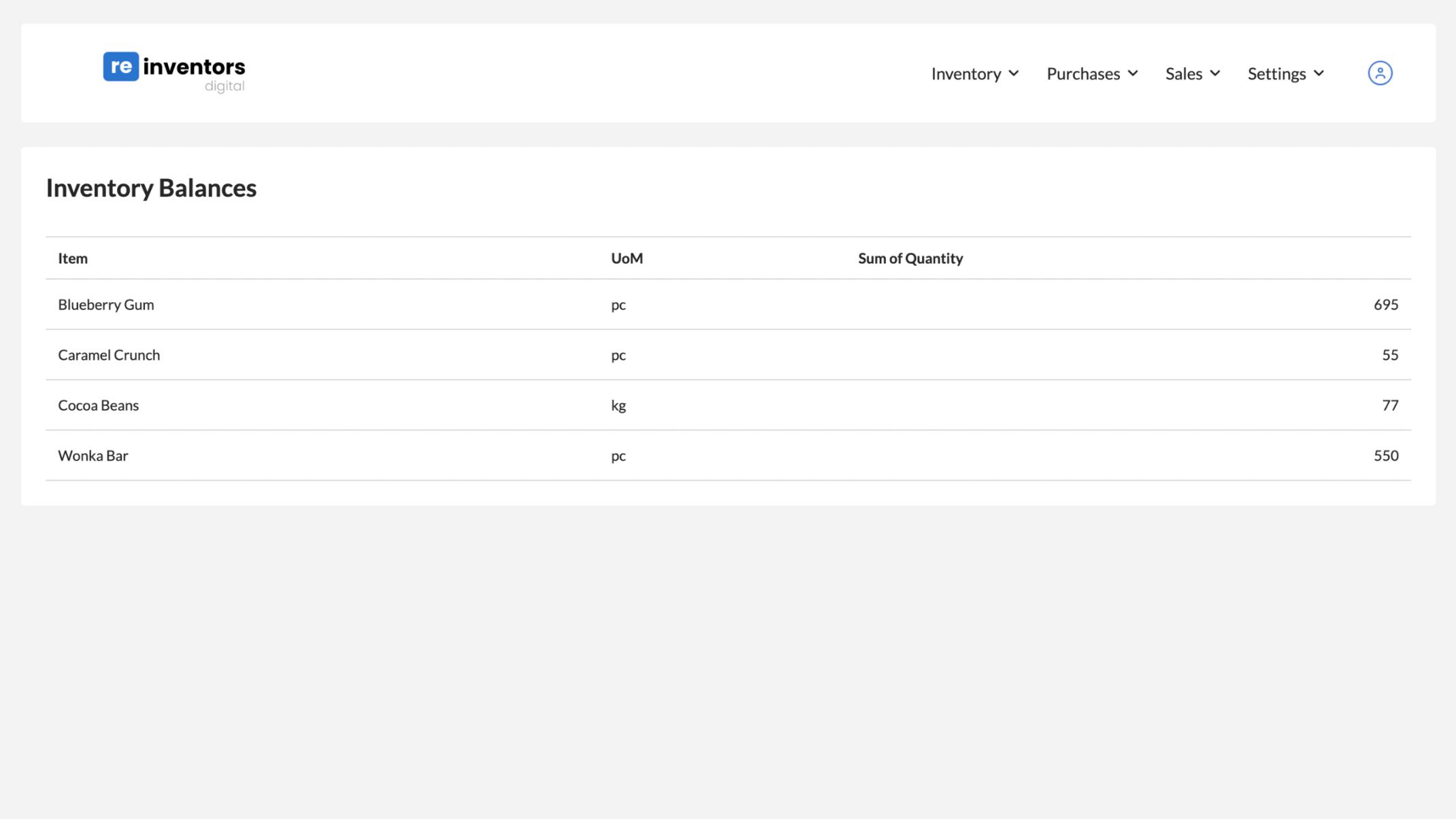 Screenshot of the inventory balances page in Reinventors' Inventory Control app.