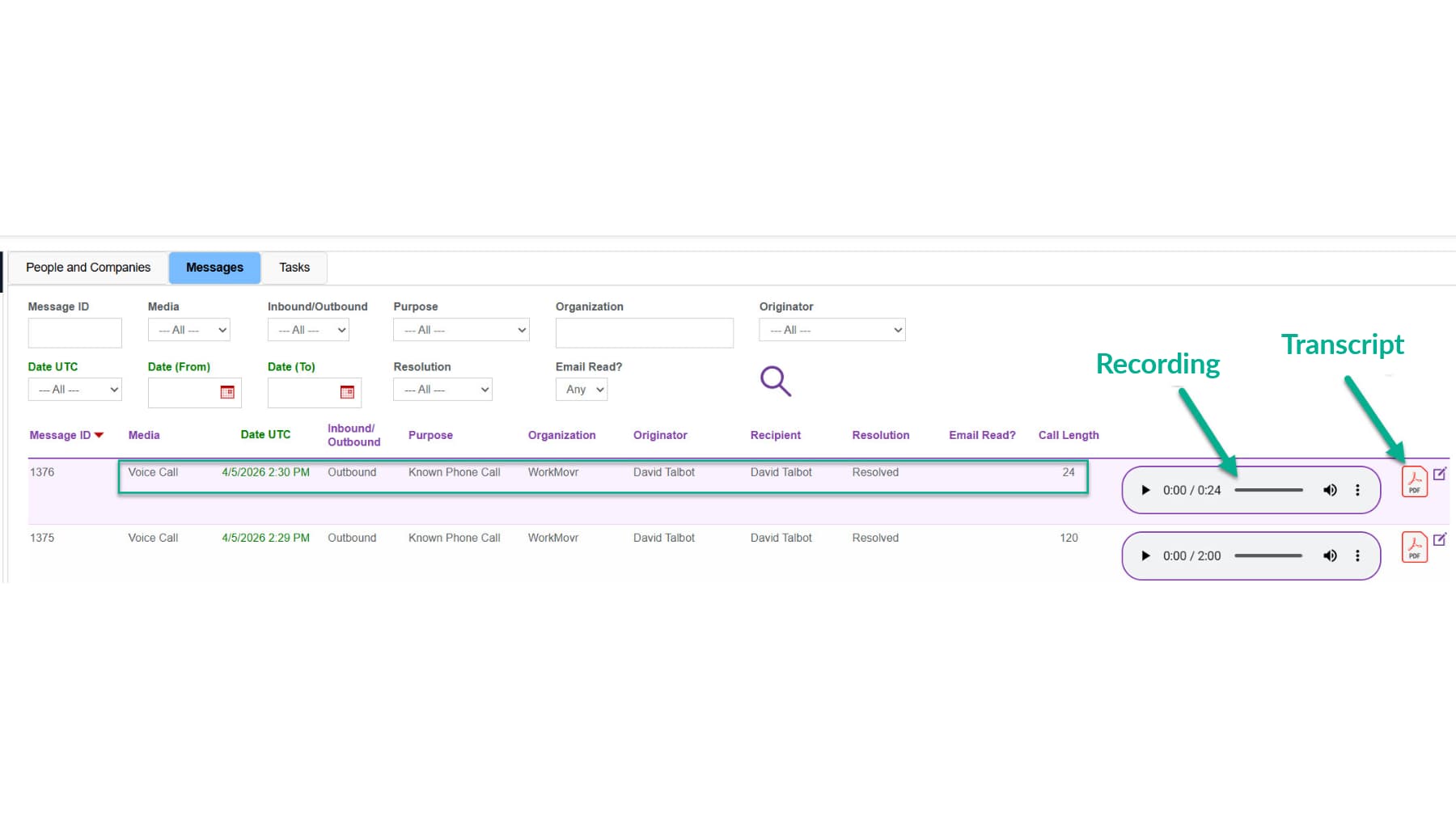 Caspio messages log listing outbound voice calls with purpose, resolution, call length,and transcript PDF.
