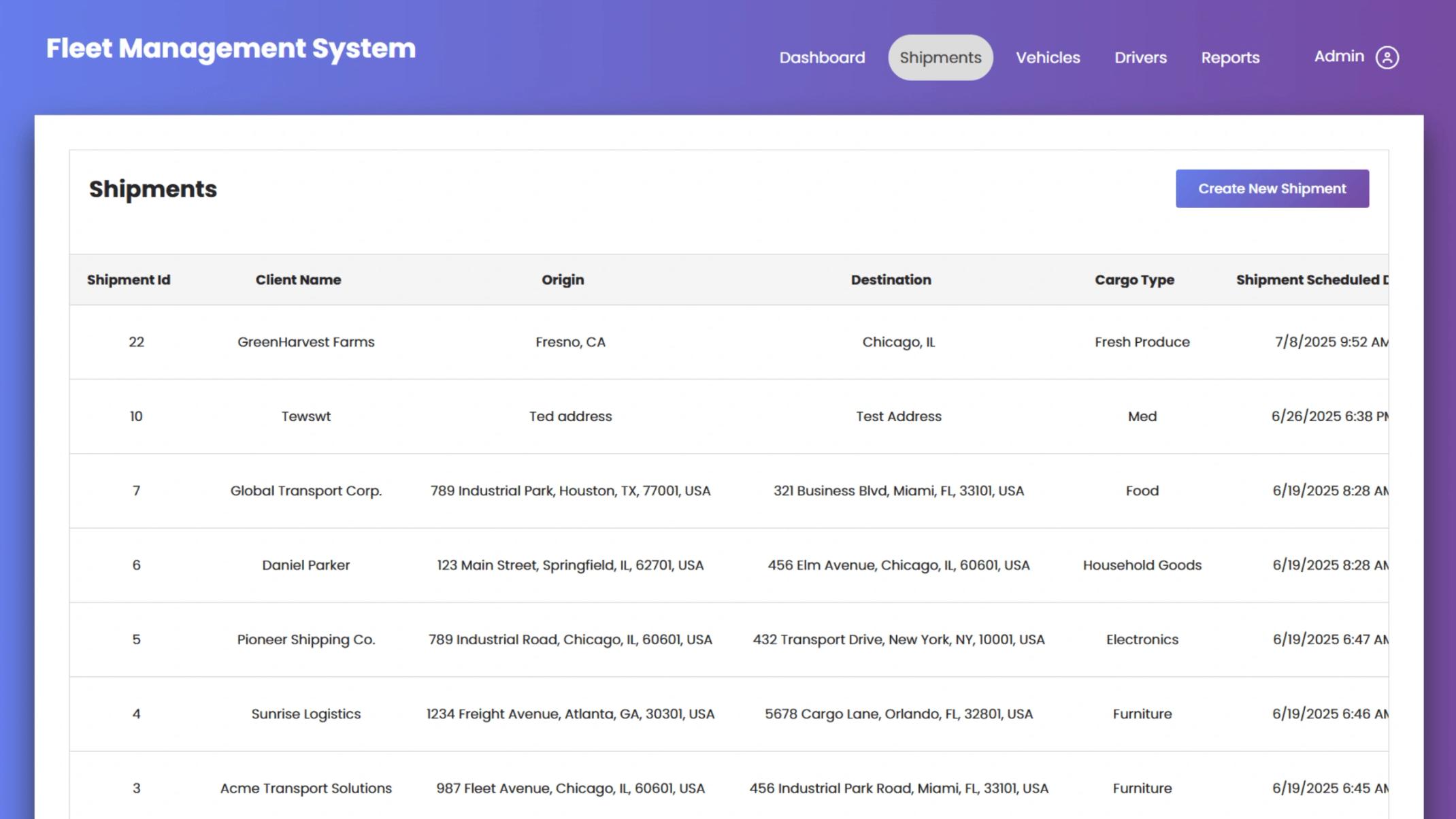 Shipments section displaying shipment records.