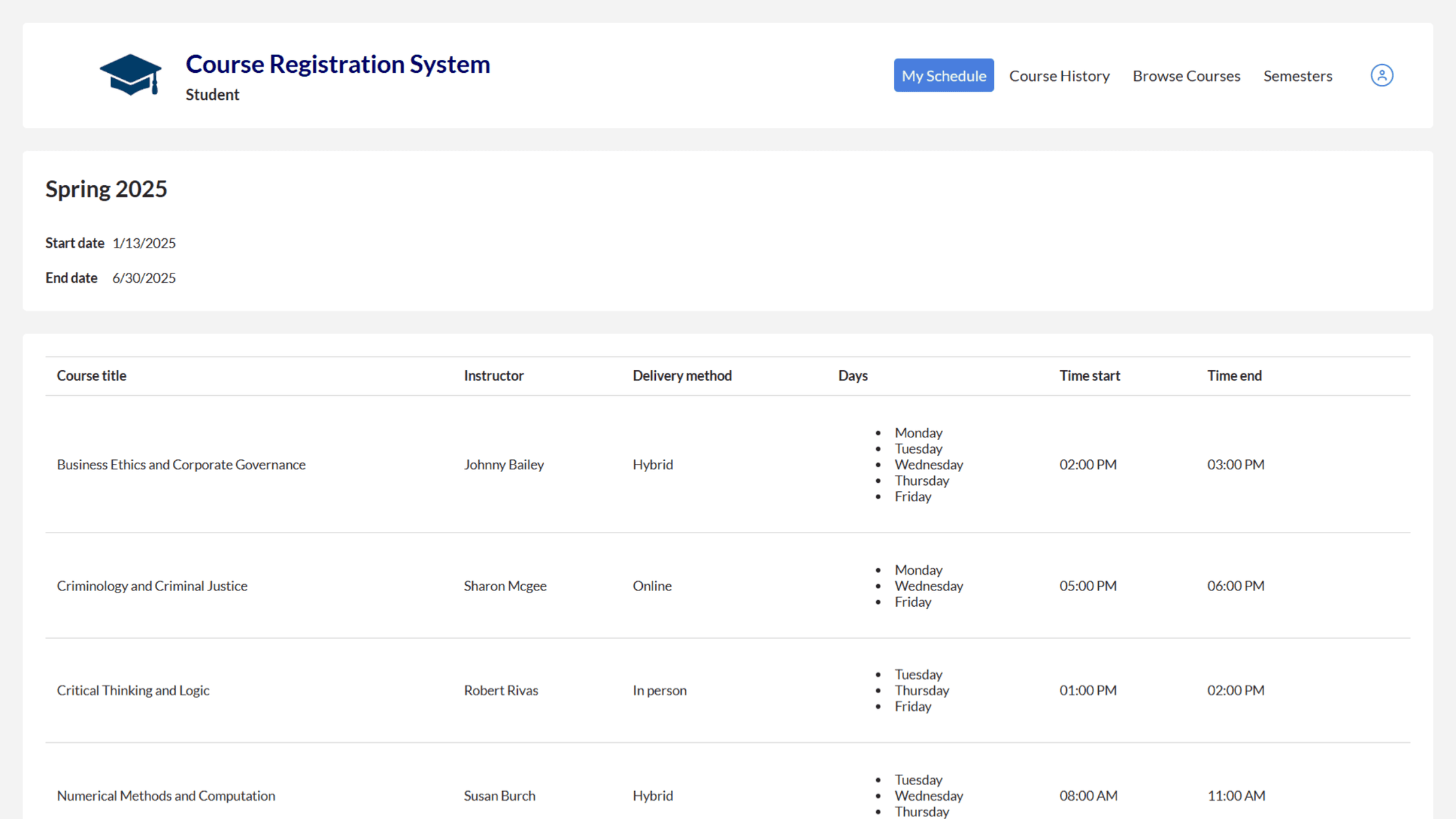 Students can view their personal class schedule, including course titles, instructors, and class times.