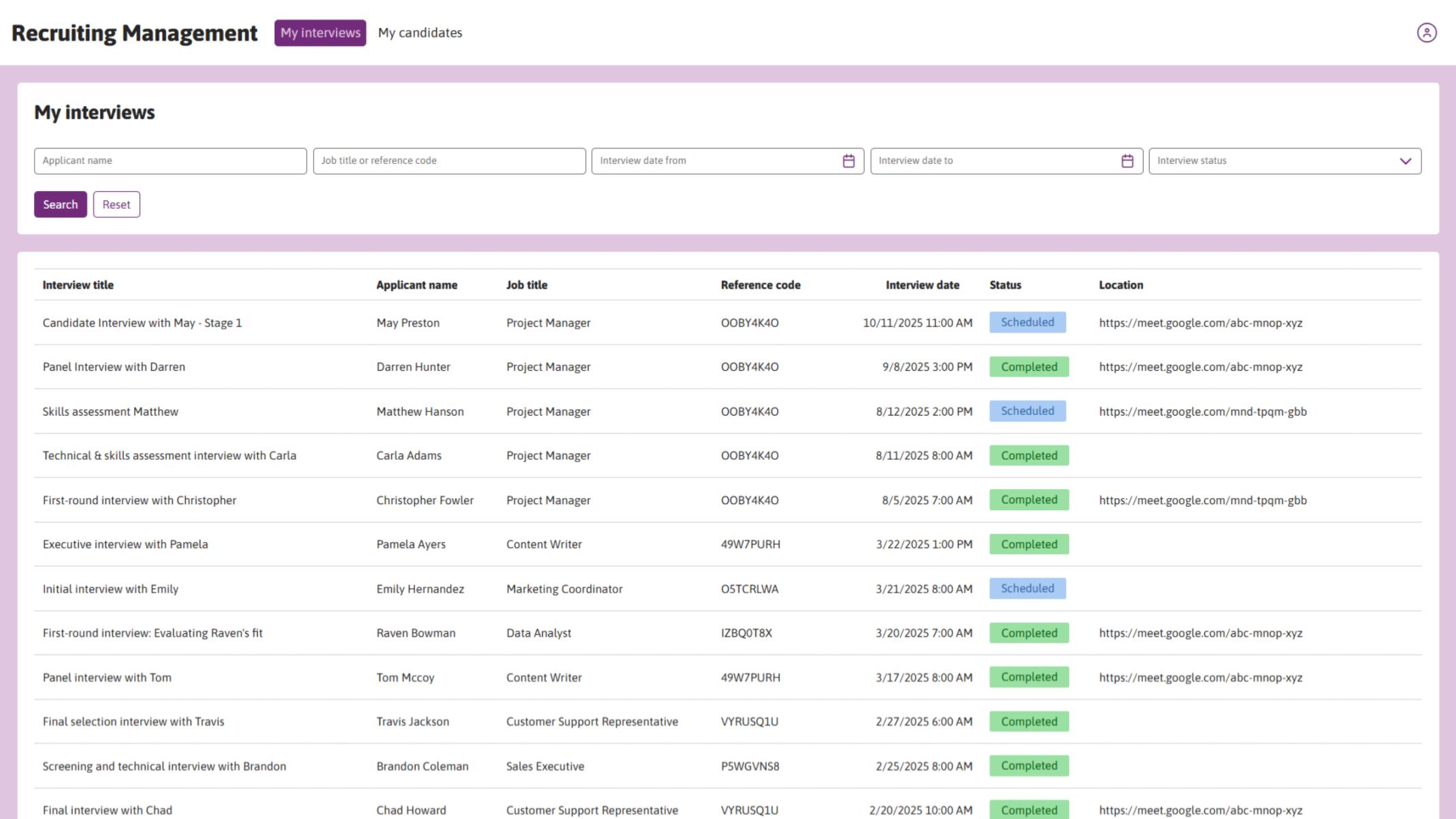 Hiring managers can view a list of scheduled interviews, including applicant names, job titles, dates and statuses.